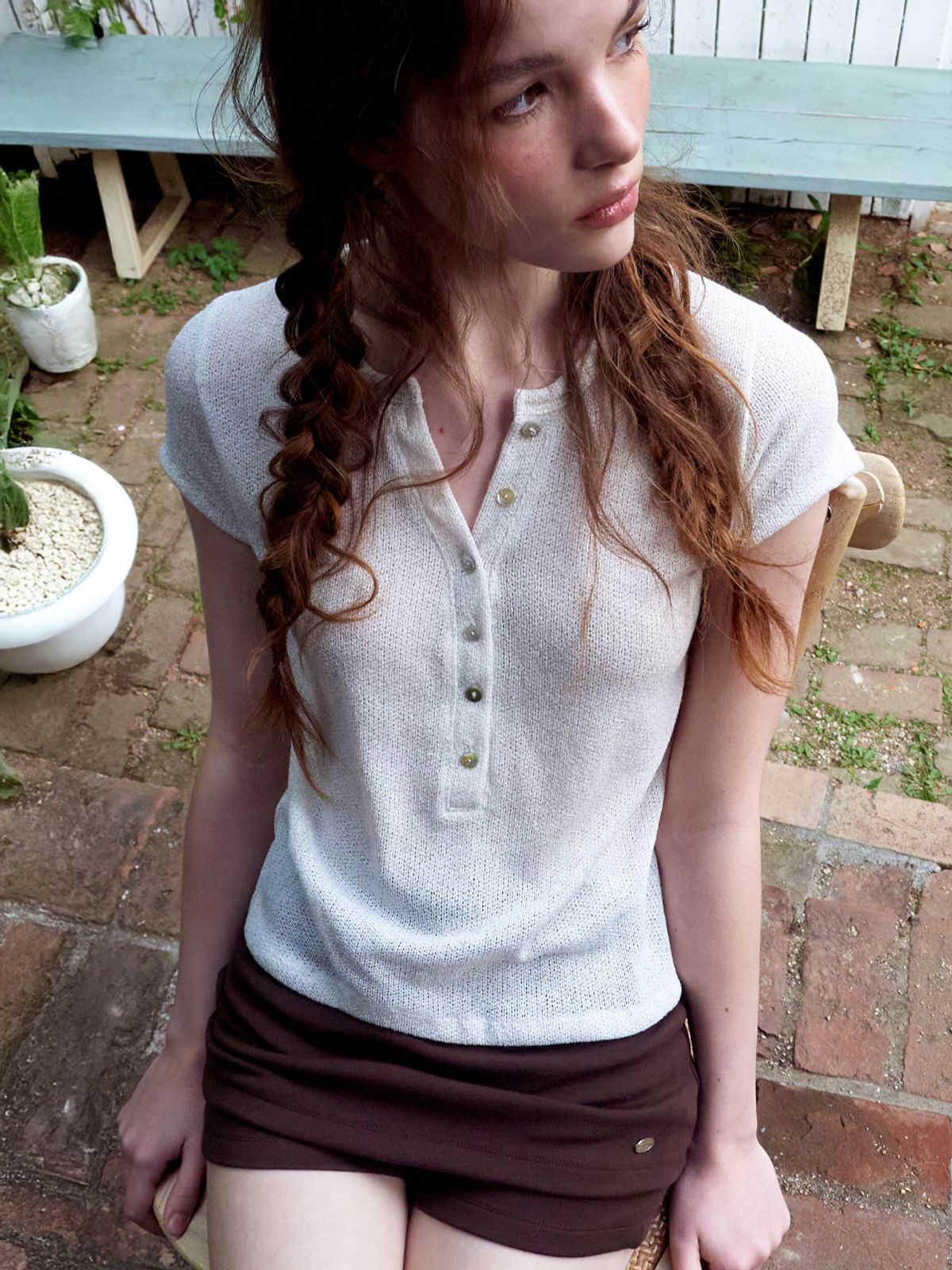 에트몽(ETMON) Half Open Button T-Shirt, Oatmeal