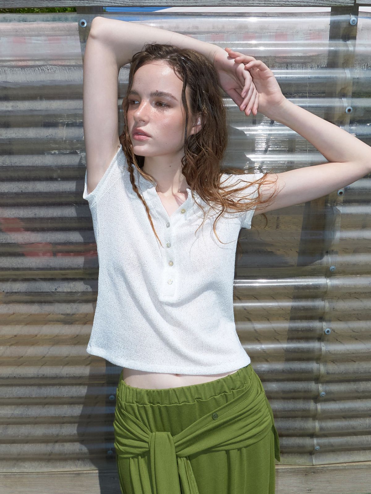 에트몽(ETMON) Half Open Button T-Shirt, Oatmeal