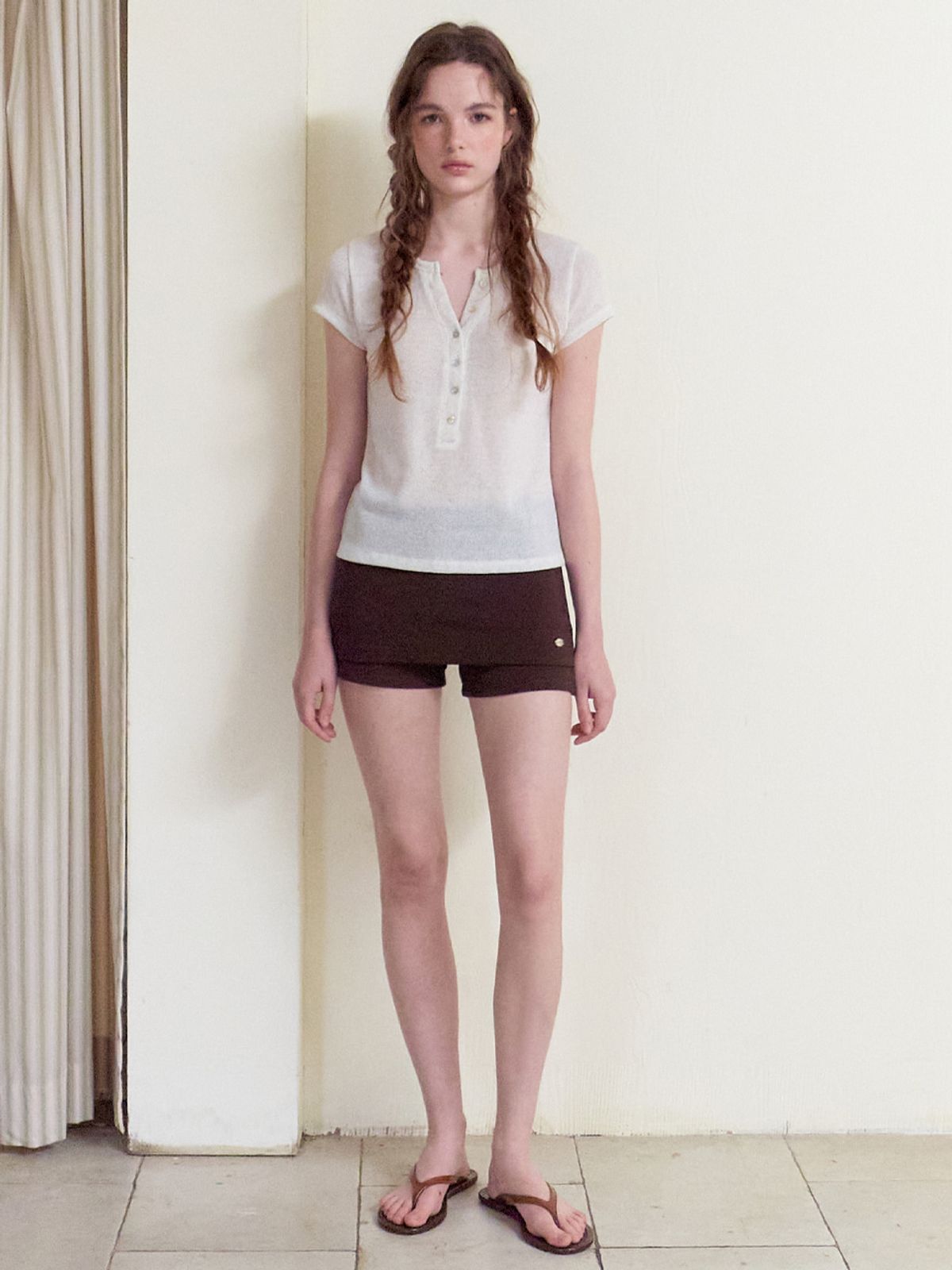 에트몽(ETMON) Half Open Button T-Shirt, Oatmeal