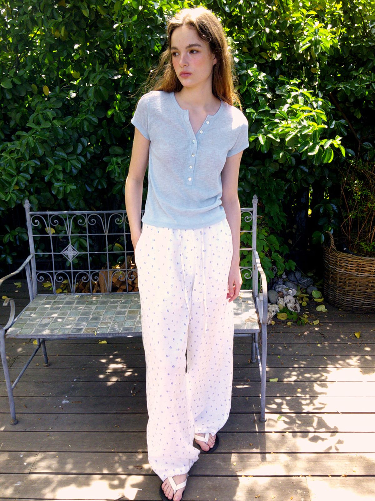 에트몽(ETMON) Half Open Button T-Shirt, Sky Blue