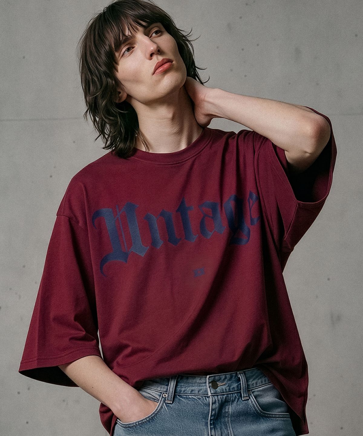 언티지(UNTAGE) 로고 프린트 케이프 반팔 티셔츠[Burgundy(UNISEX)]_UTT-ST21