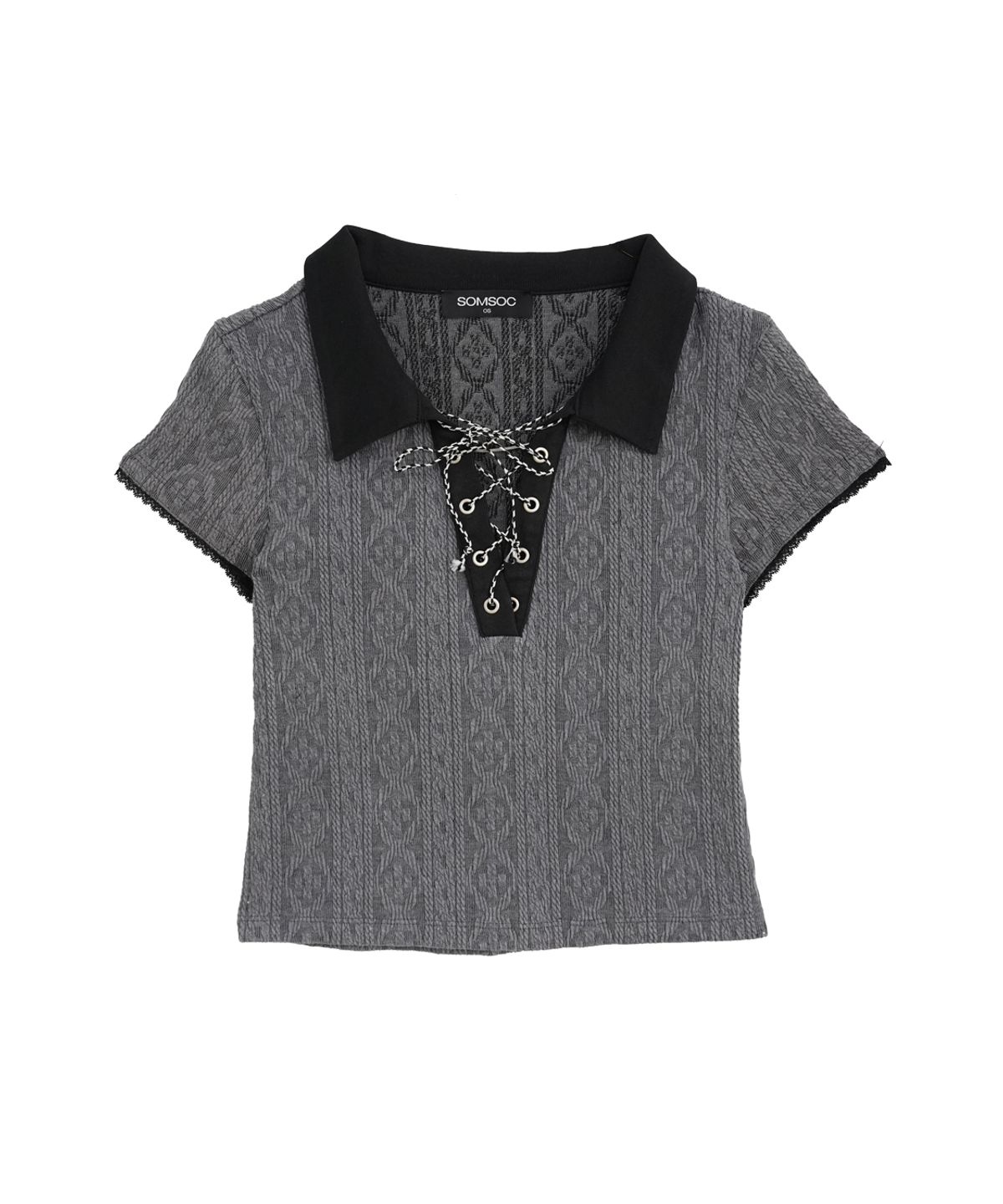 솜속(SOMSOC) MELIN EYELET JACQUARD KNIT TOP_CHARCOAL