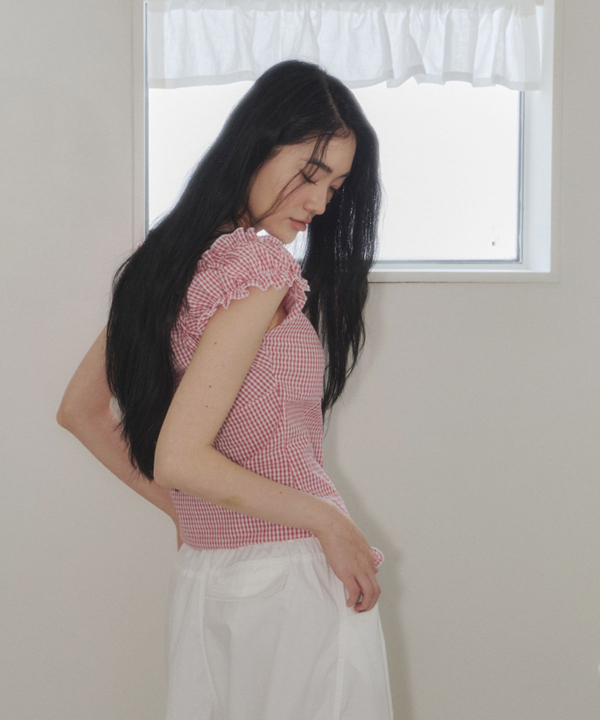 스트라이프마가린(STMG) 실루엣 퍼프 셔링 레이스 블라우스 레드