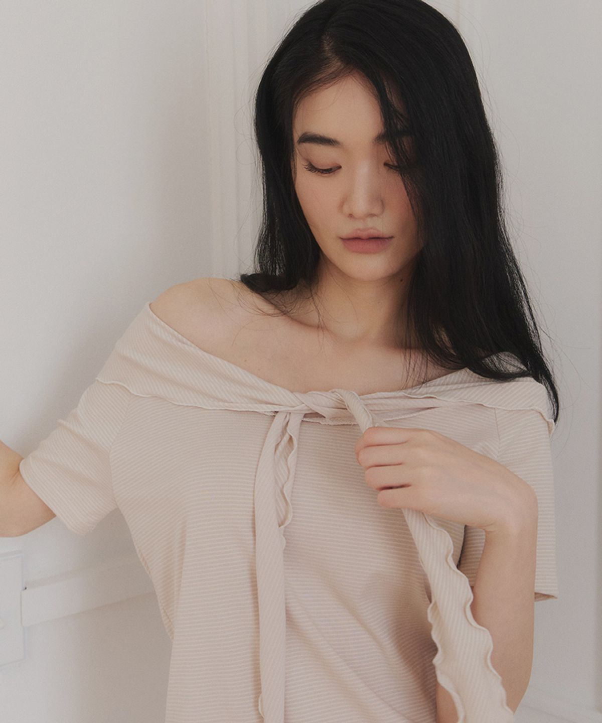 스트라이프마가린(STMG) 스트라이프 세일러 리본 반팔 핑크