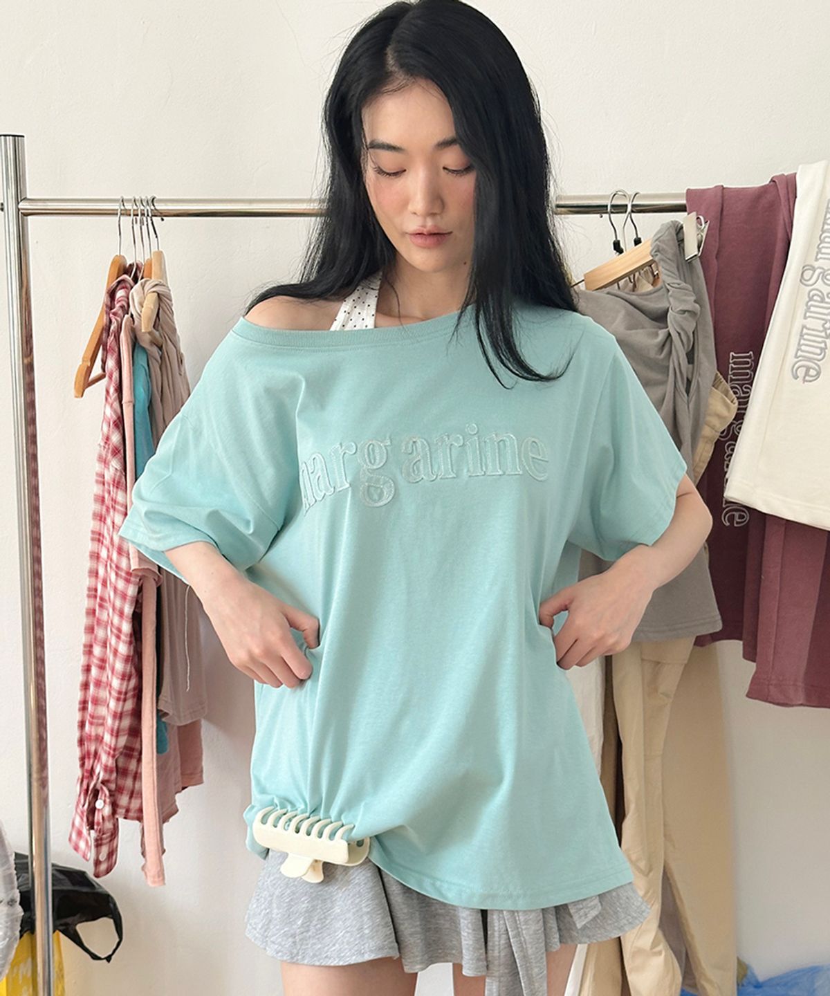 스트라이프마가린(STMG) 마가린 원숄더 아플리케 로고 반팔 민트
