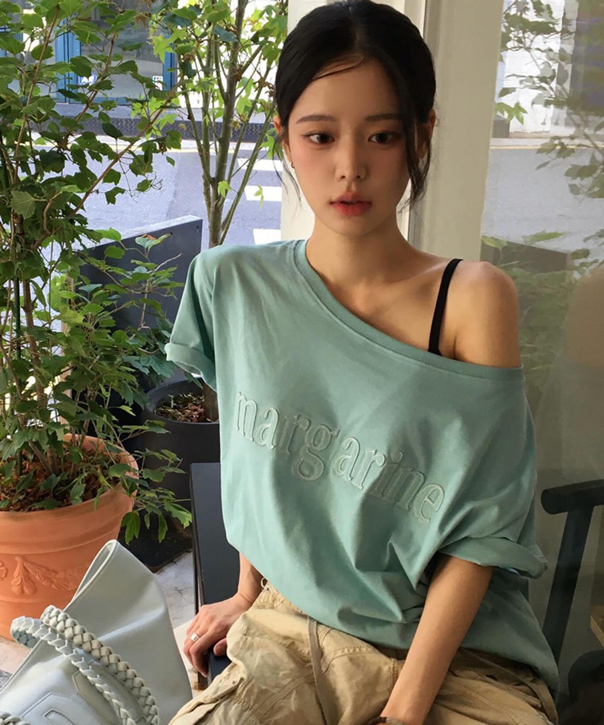 스트라이프마가린(STMG) 마가린 원숄더 아플리케 로고 반팔 민트