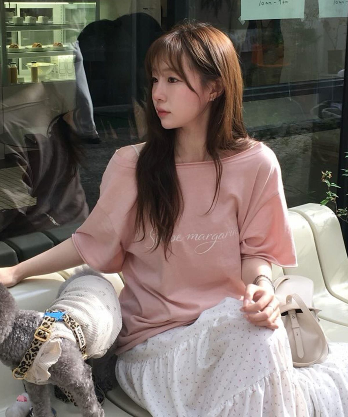 스트라이프마가린(STMG) 레터링 마가린 원숄더 반팔 핑크