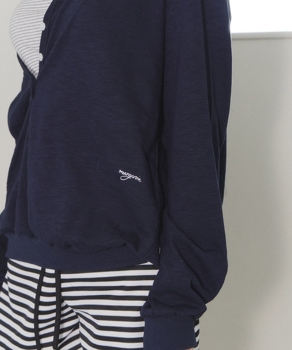 스트라이프마가린(STMG) 썸머 슬리브 오픈버튼 루즈 카라 티셔츠 네이비