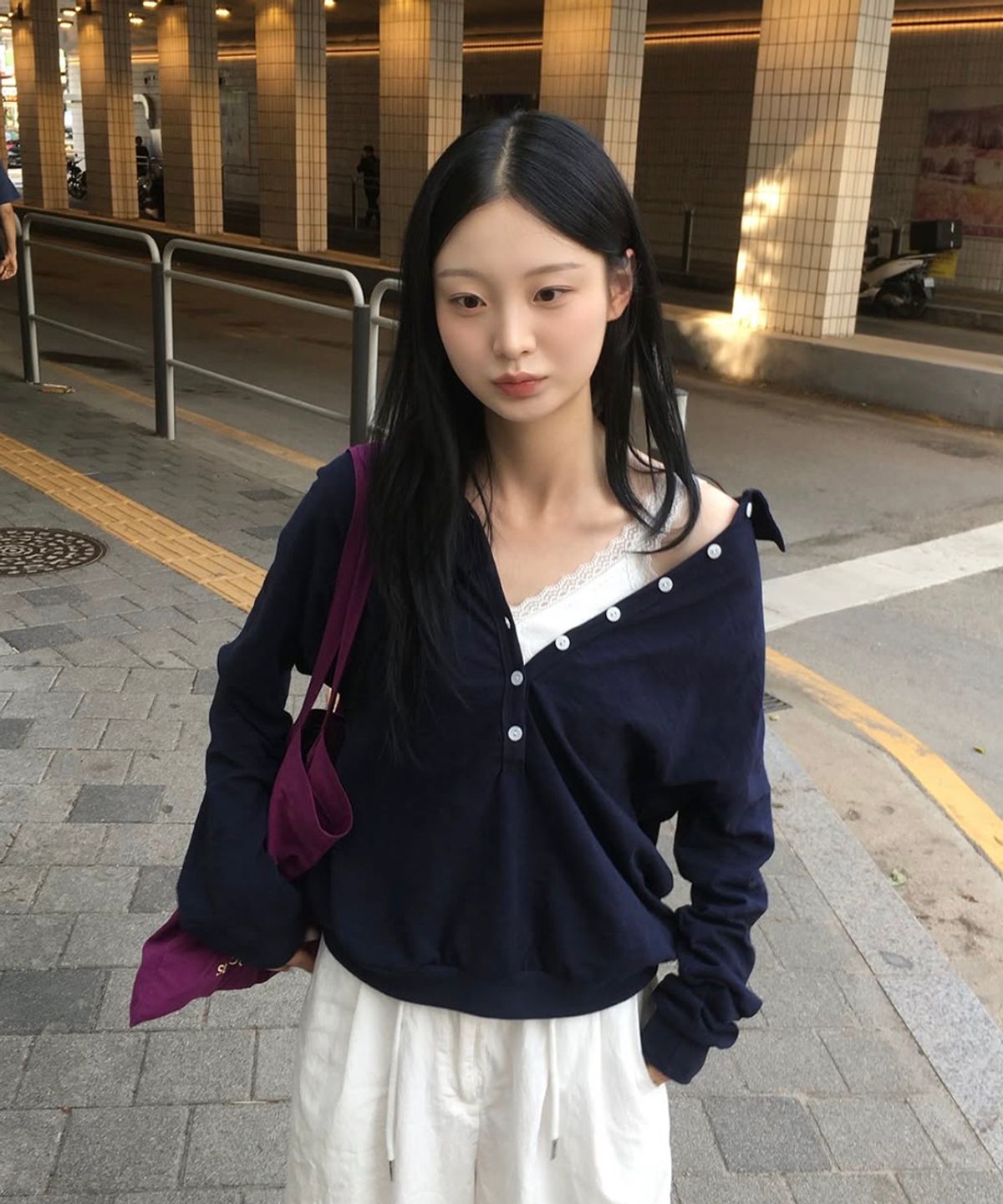 스트라이프마가린(STMG) 썸머 슬리브 오픈버튼 루즈 카라 티셔츠 네이비