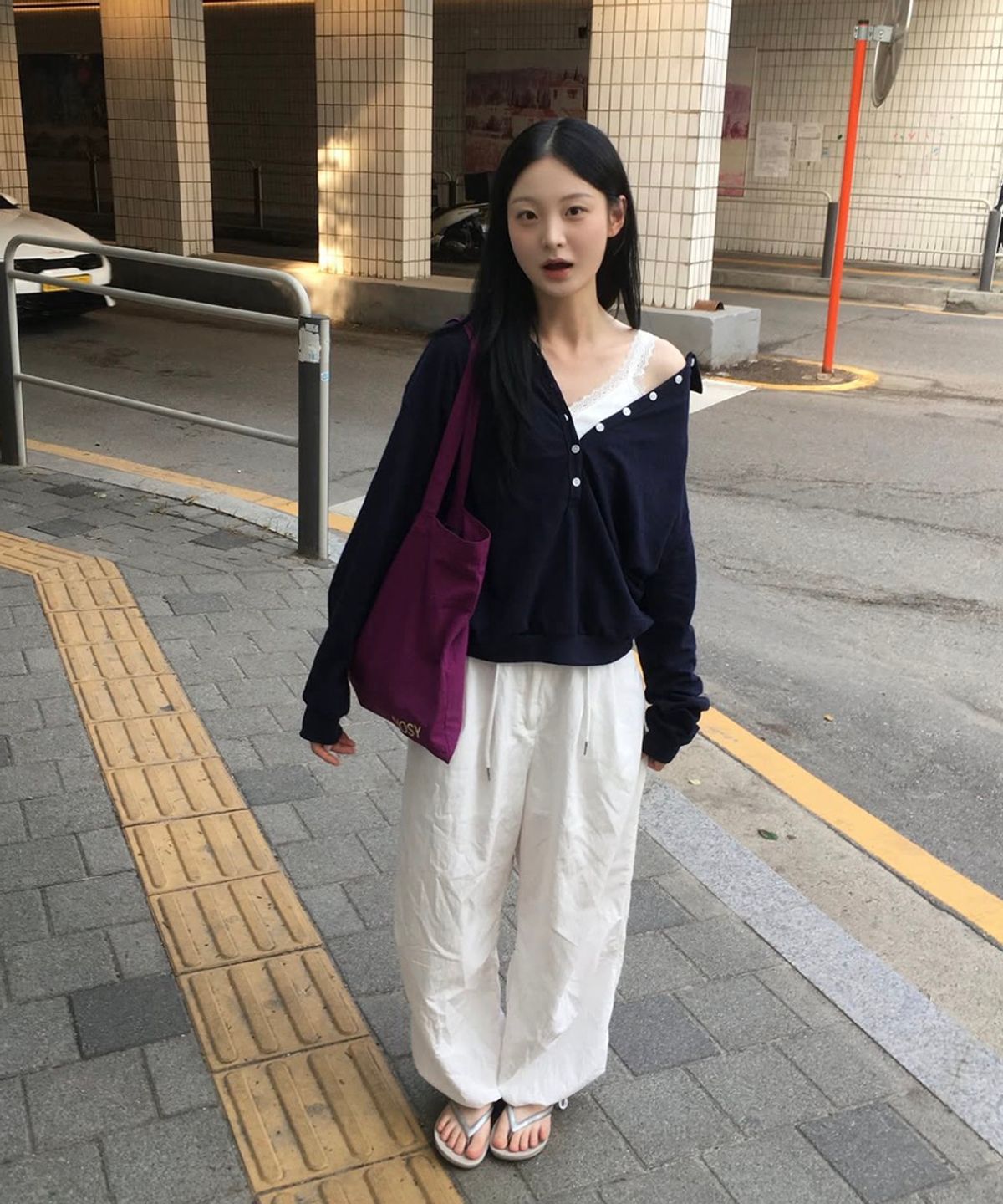 스트라이프마가린(STMG) 썸머 슬리브 오픈버튼 루즈 카라 티셔츠 네이비