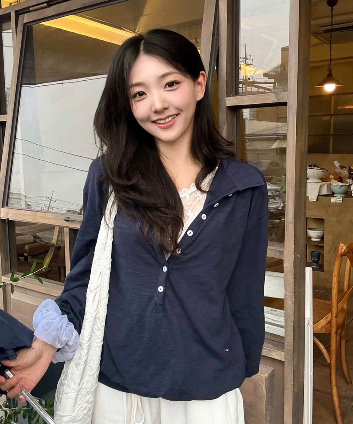 스트라이프마가린(STMG) 썸머 슬리브 오픈버튼 루즈 카라 티셔츠 네이비