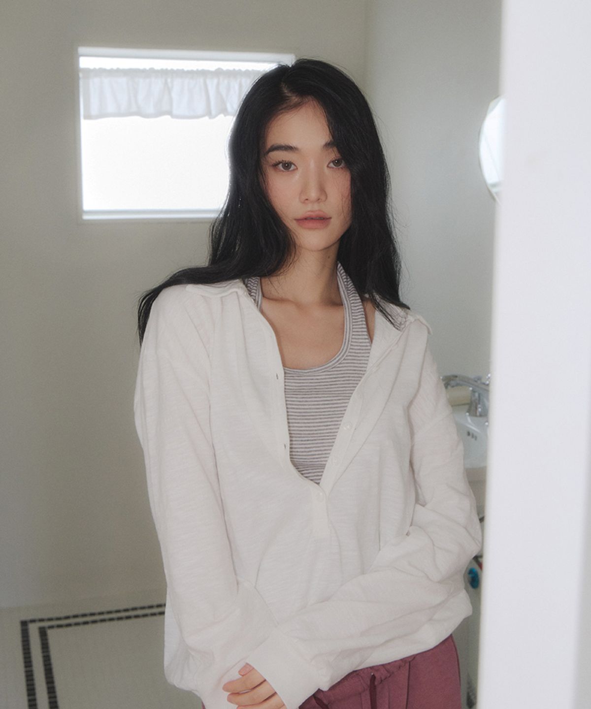 스트라이프마가린(STMG) 썸머 슬리브 오픈버튼 루즈 카라 티셔츠 아이보리