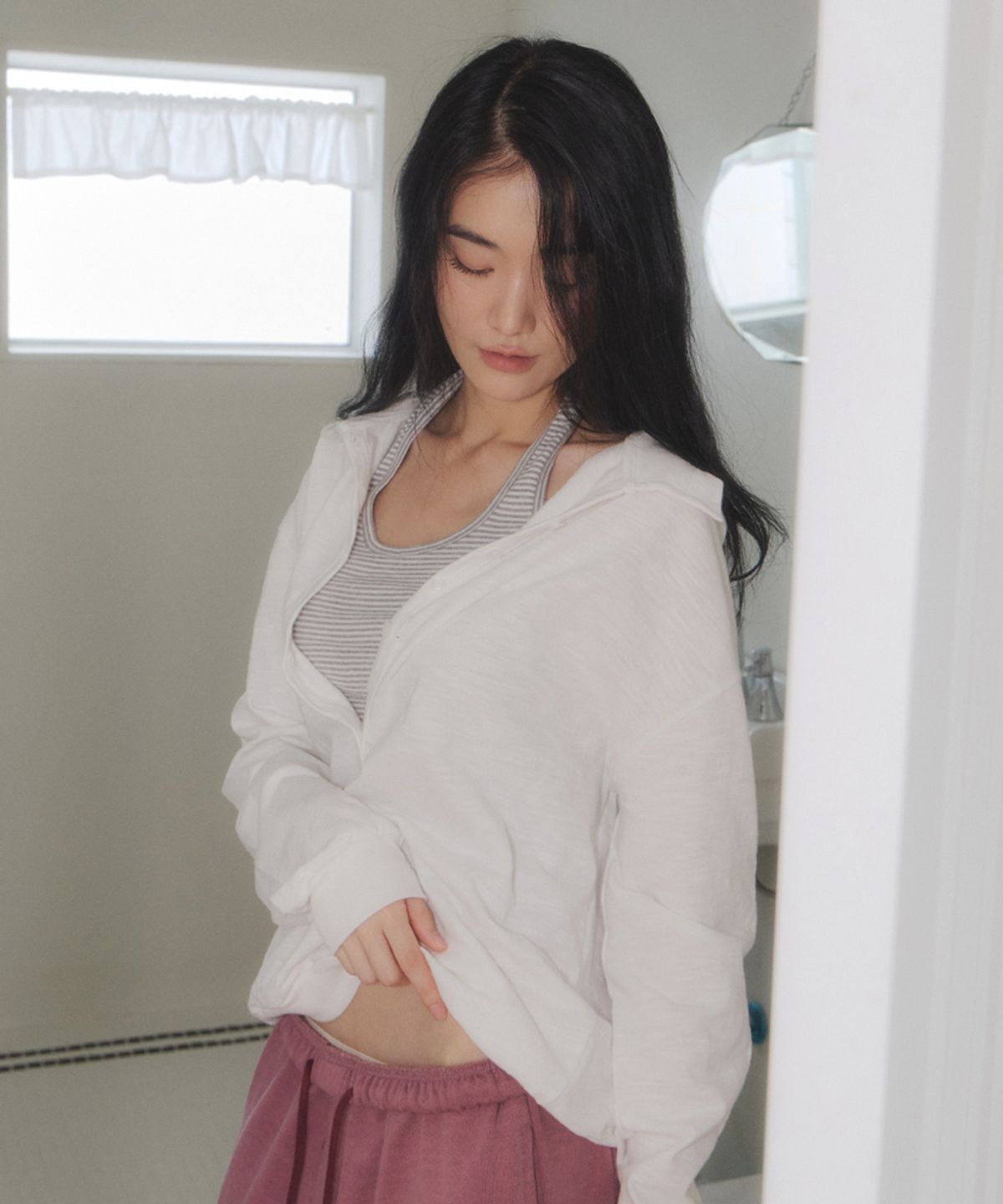 스트라이프마가린(STMG) 썸머 슬리브 오픈버튼 루즈 카라 티셔츠 아이보리