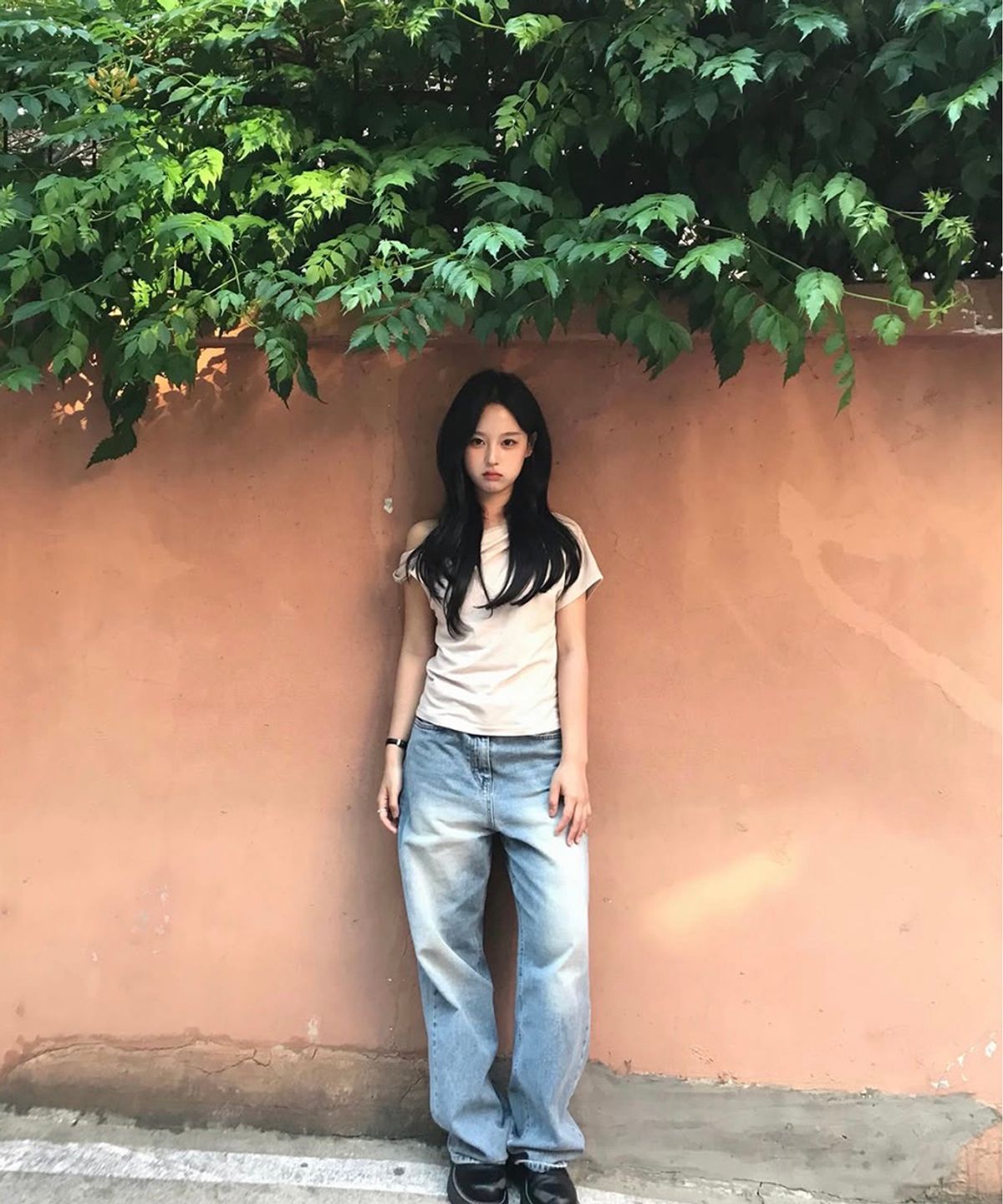 스트라이프마가린(STMG) 드레이프 셔링 원숄더 슬림 반팔 핑크