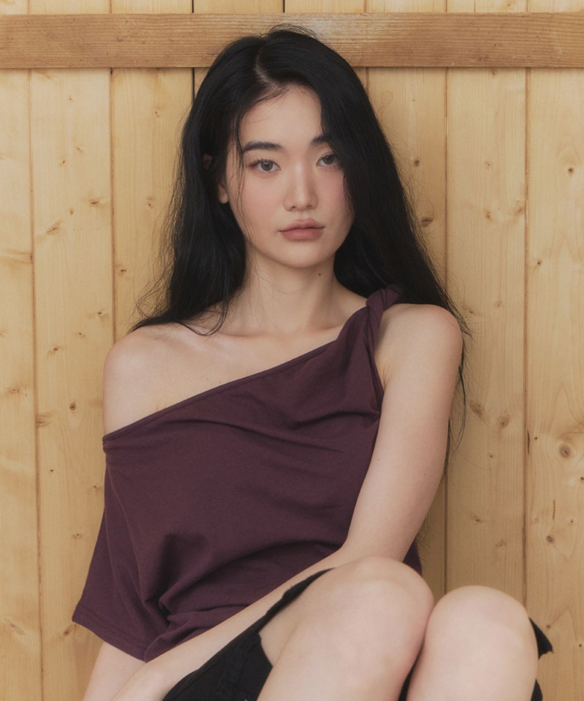 스트라이프마가린(STMG) 드레이프 셔링 원숄더 슬림 반팔 퍼플