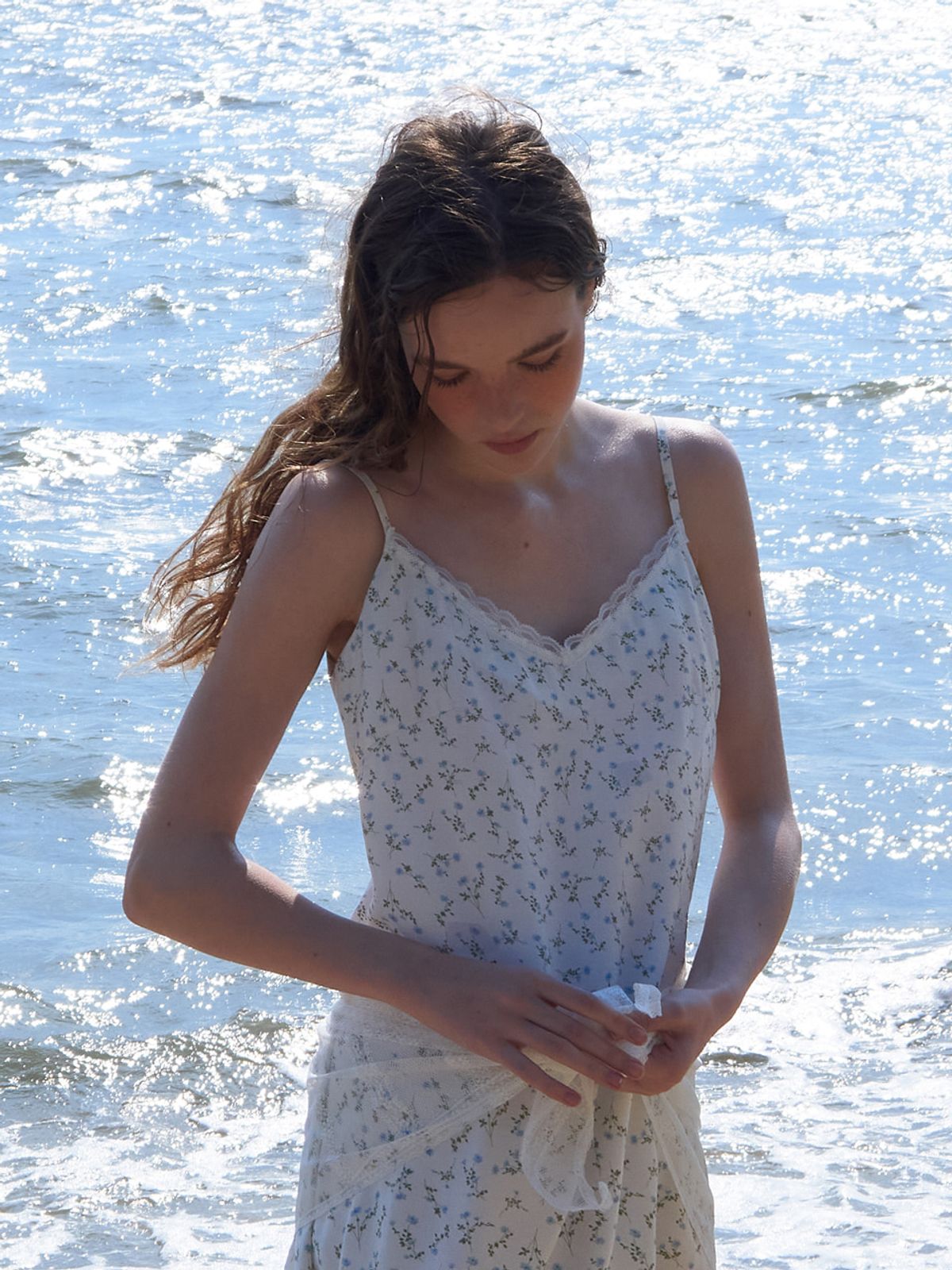 에트몽(ETMON) Slip Scarf-Tie Floral Dress, Blue