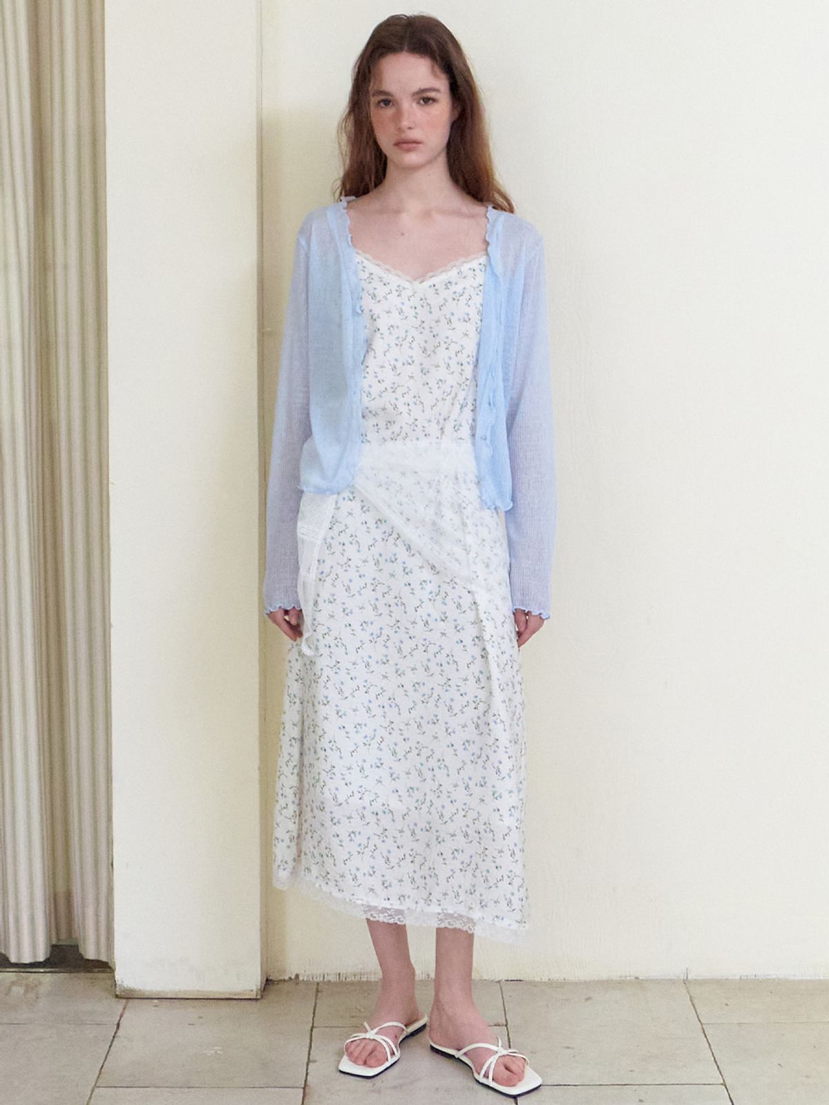 에트몽(ETMON) Slip Scarf-Tie Floral Dress, Blue