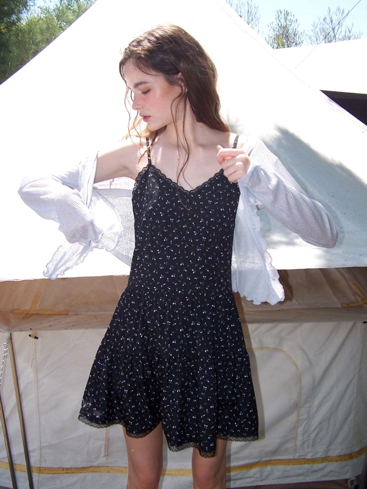 에트몽(ETMON) Slip Floral Tiered Mini Dress, Black