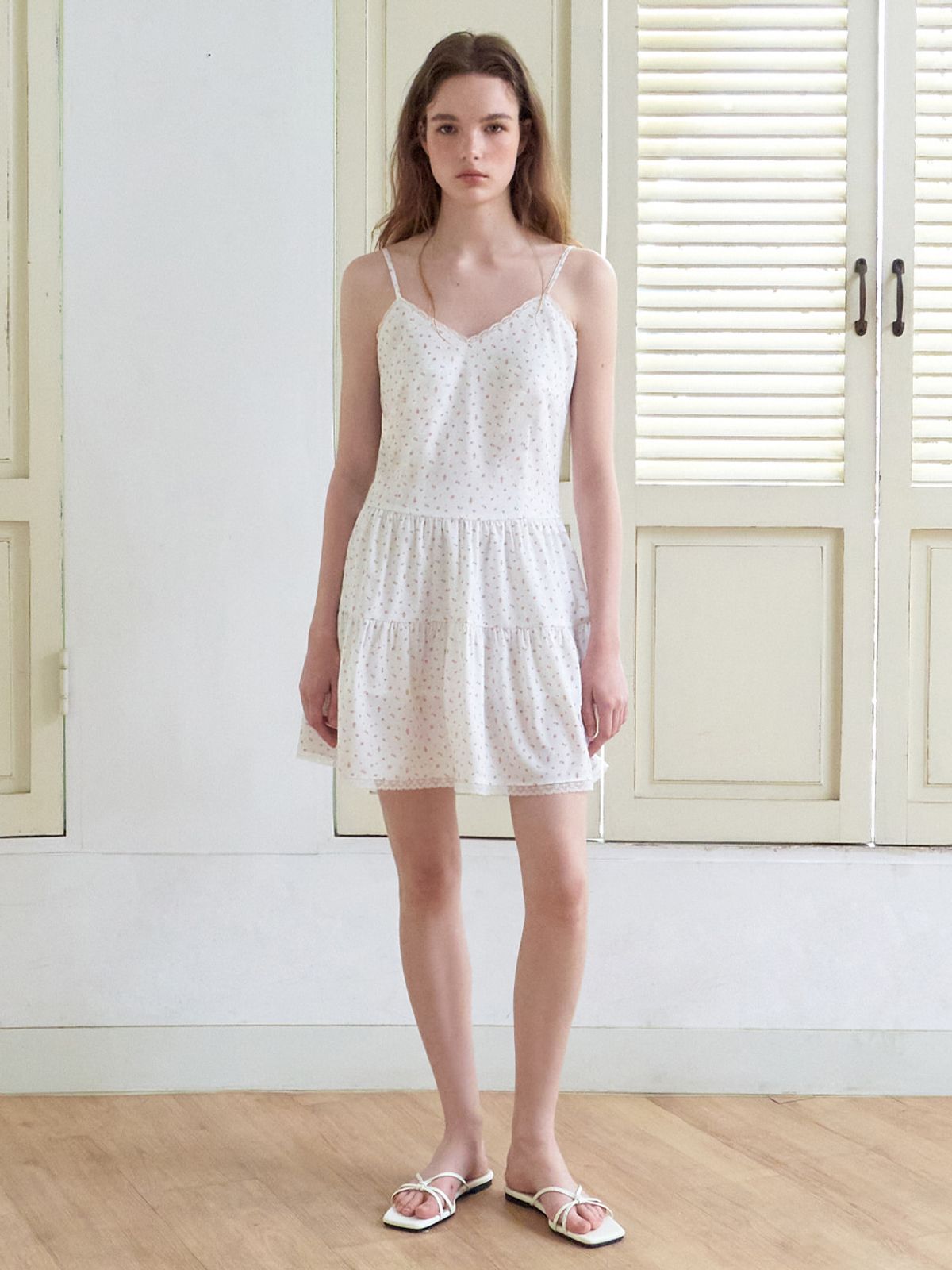 에트몽(ETMON) Slip Floral Tiered Mini Dress, Ivory