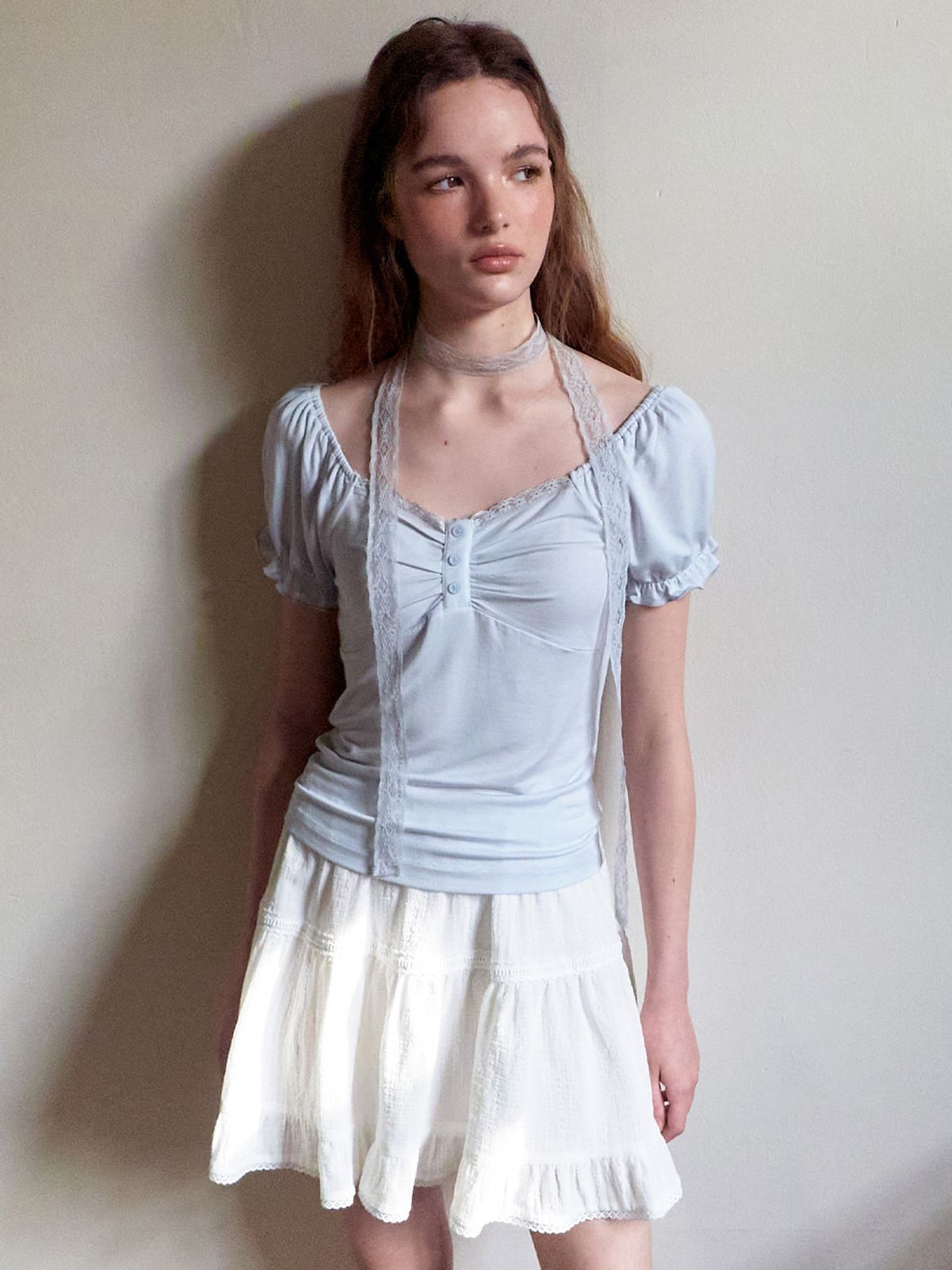 에트몽(ETMON) Lace Scarf Puff T-Shirt, Greyish Blue