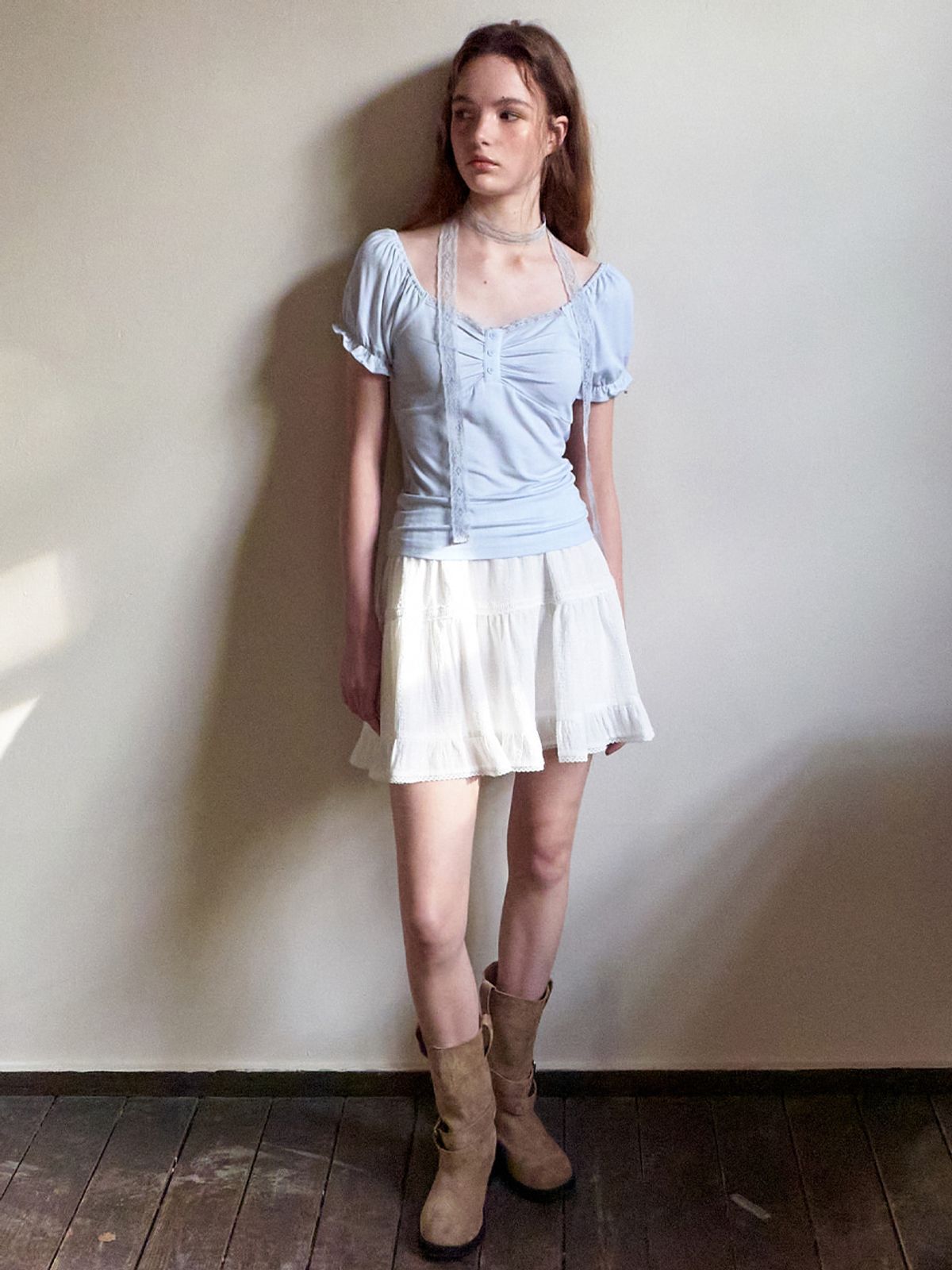 에트몽(ETMON) Lace Scarf Puff T-Shirt, Greyish Blue