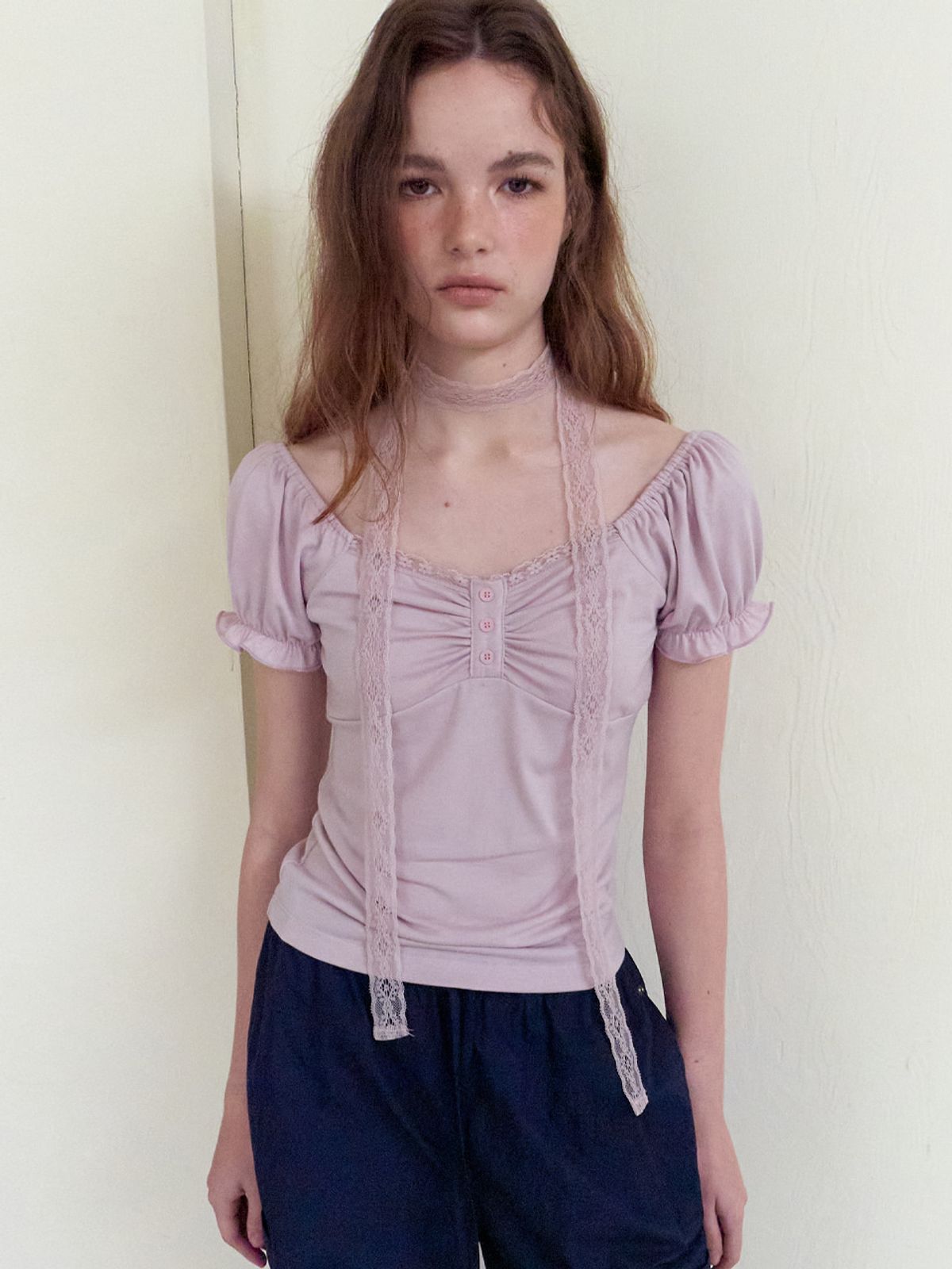 에트몽(ETMON) Lace Scarf Puff T-Shirt, Lavender Pink