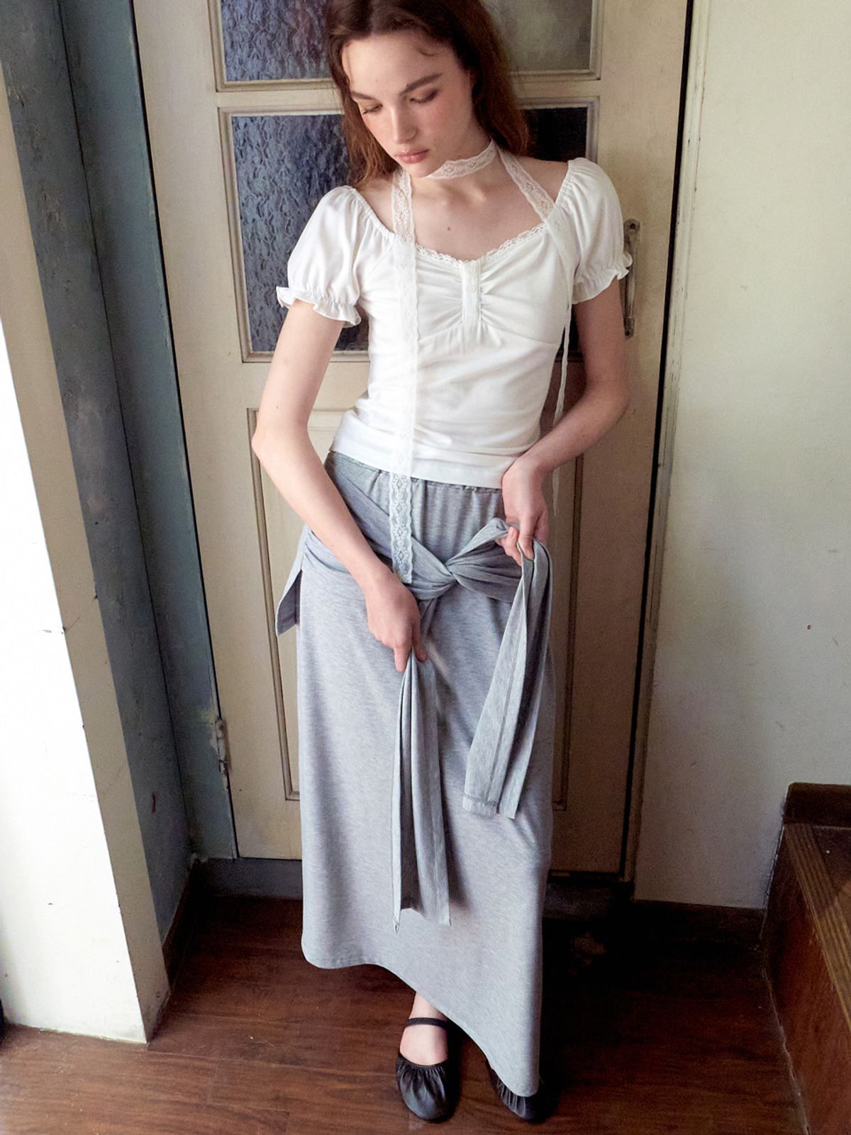 에트몽(ETMON) Lace Scarf Puff T-Shirt, White