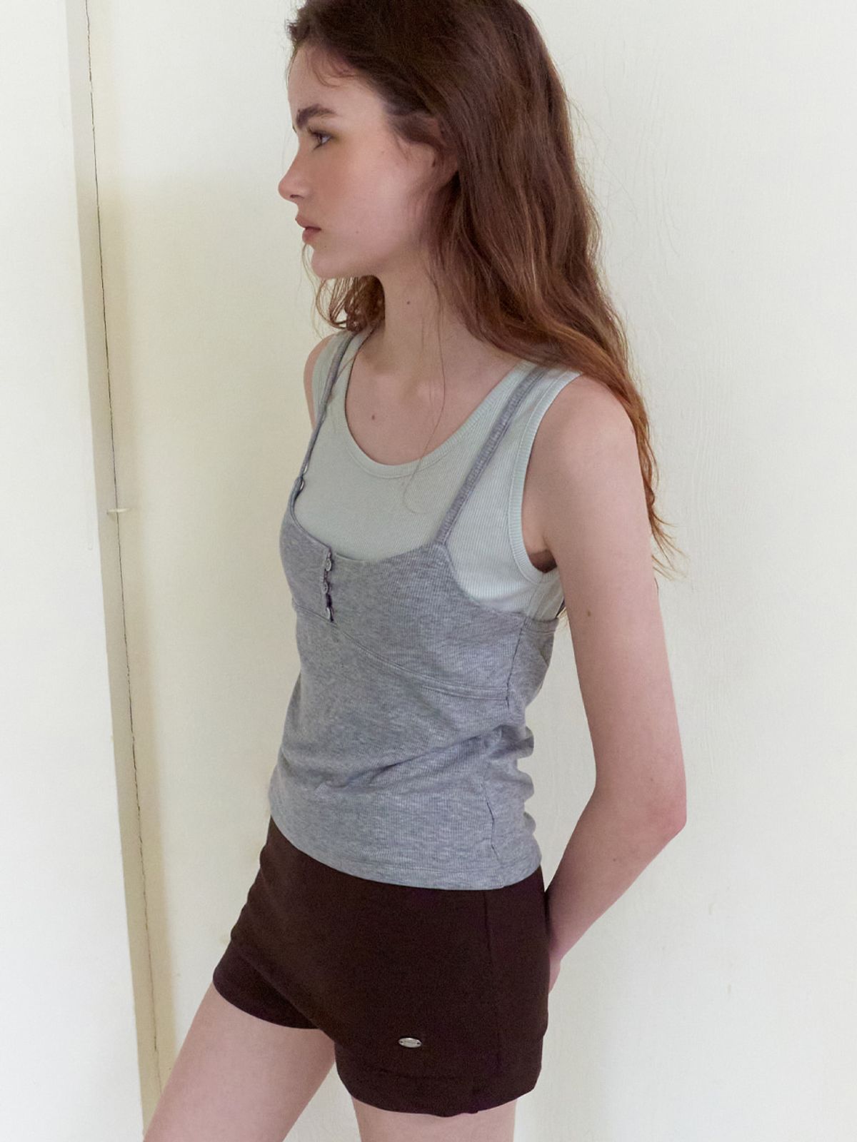 에트몽(ETMON) Color Layered Ribbed Top, Melange Grey