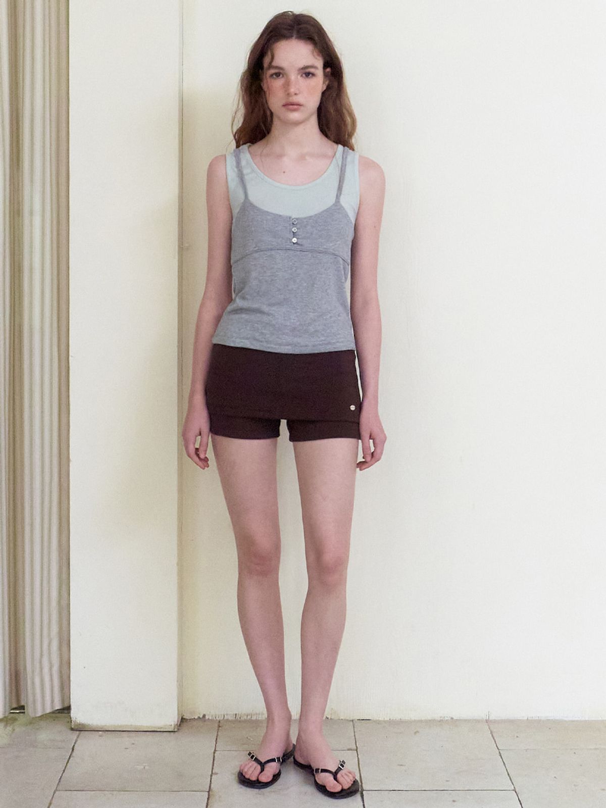 에트몽(ETMON) Color Layered Ribbed Top, Melange Grey