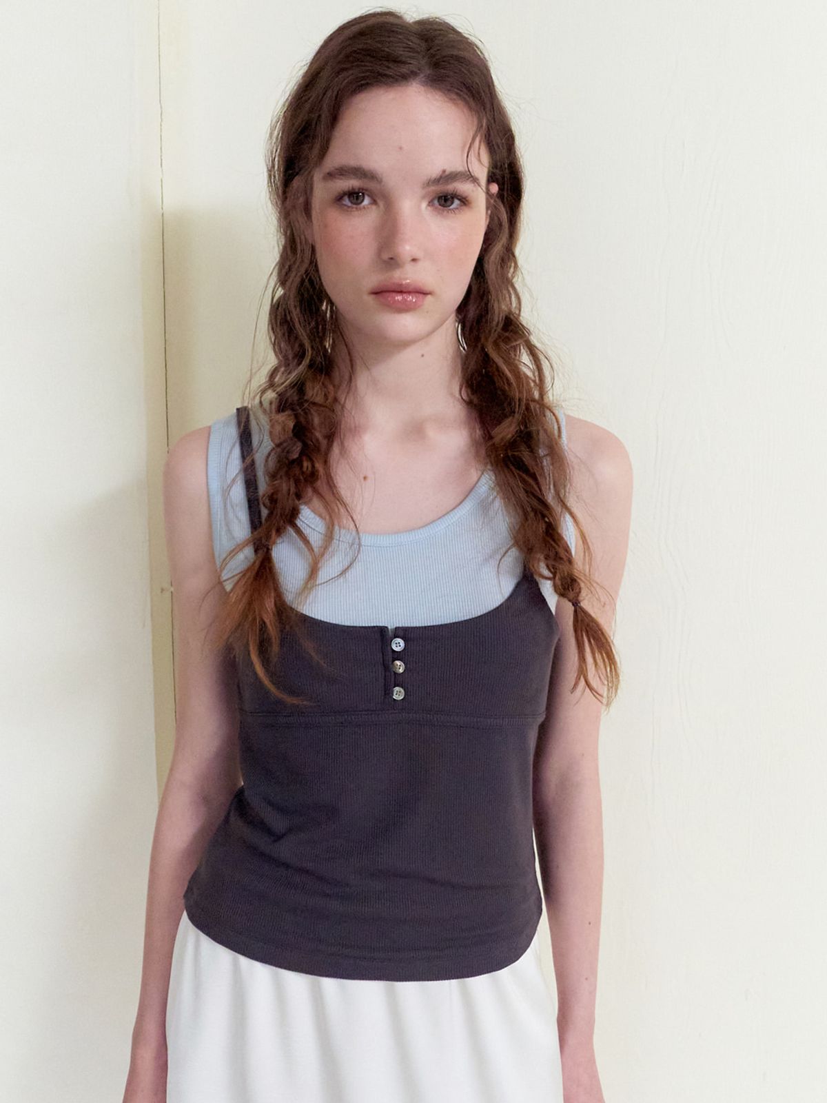 에트몽(ETMON) Color Layered Ribbed Top, Charcoal