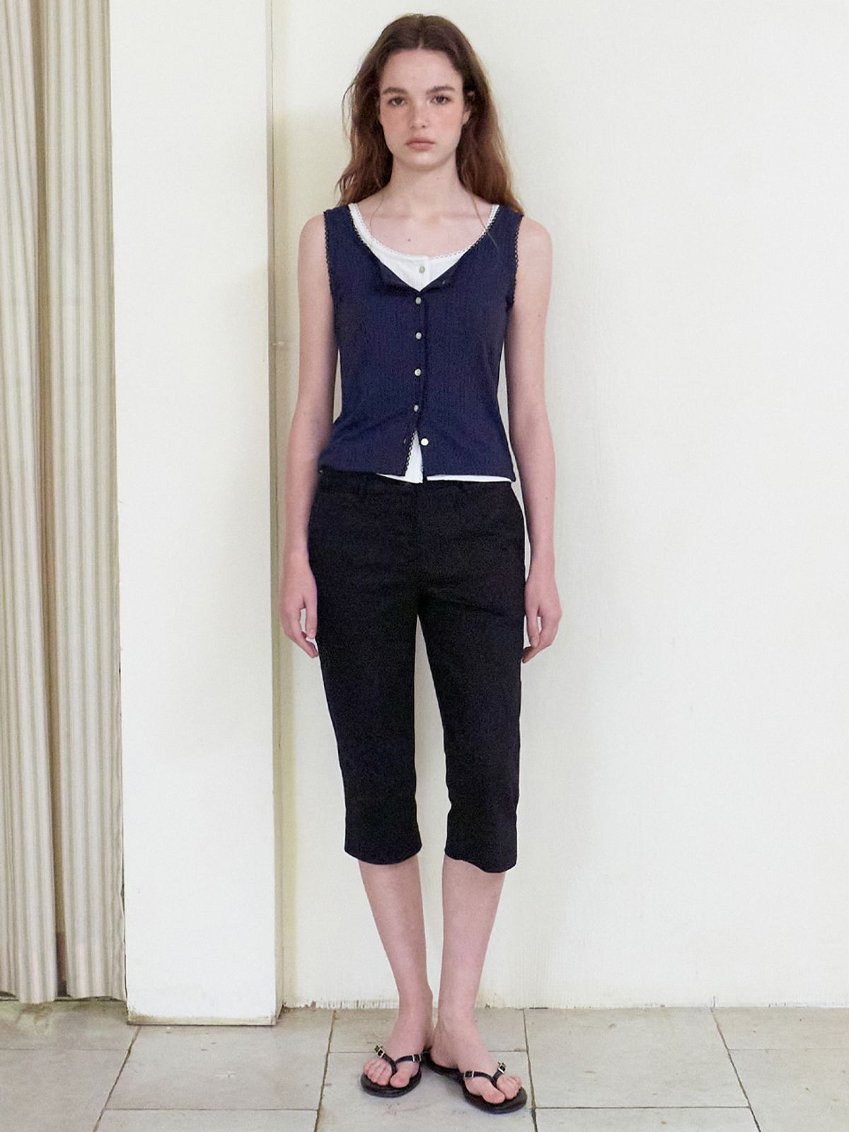 에트몽(ETMON) Lace-Trim Button Sleeveless, Navy