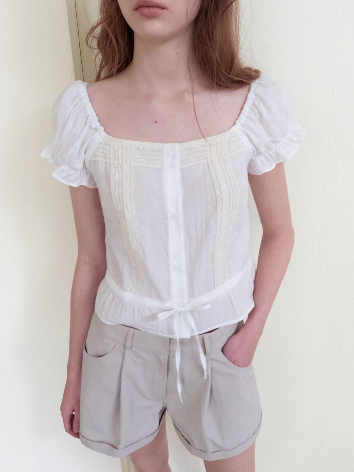 에트몽(ETMON) Double Lace Square Blouse, White