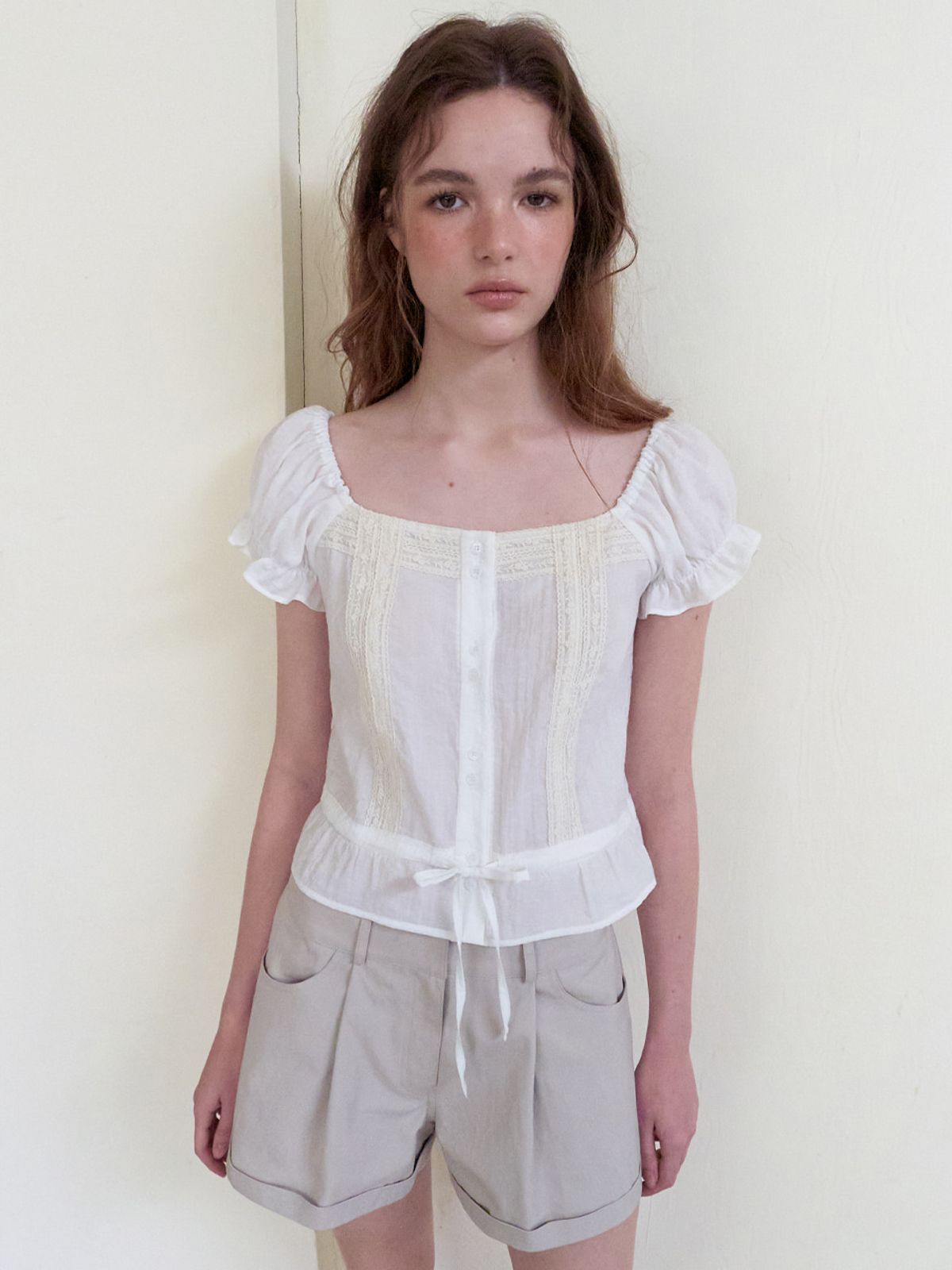 에트몽(ETMON) Double Lace Square Blouse, White
