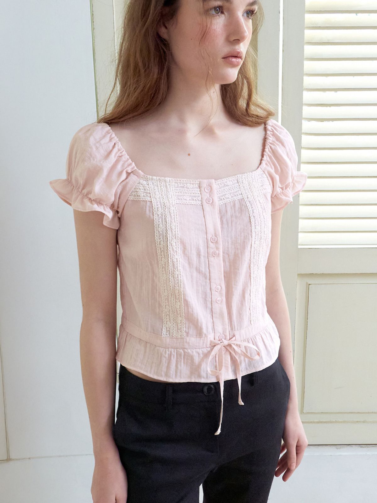 에트몽(ETMON) Double Lace Square Blouse, Pink