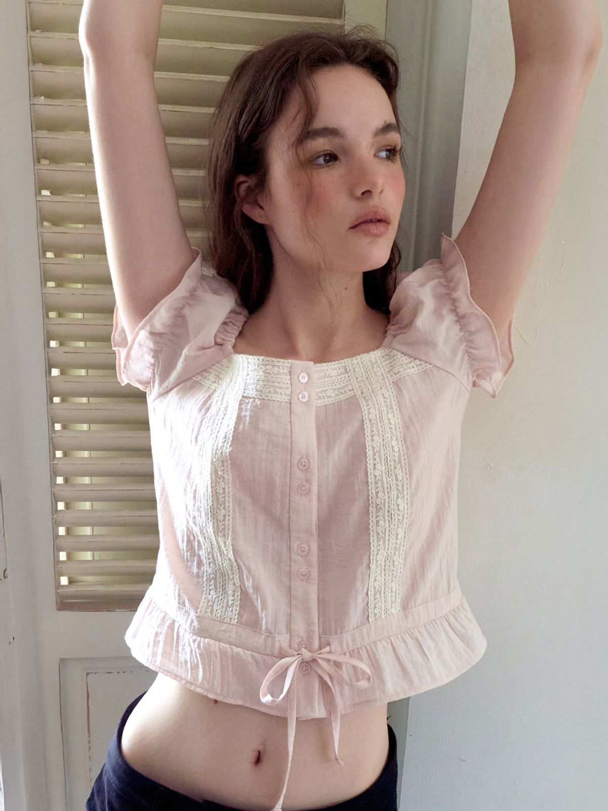 에트몽(ETMON) Double Lace Square Blouse, Pink