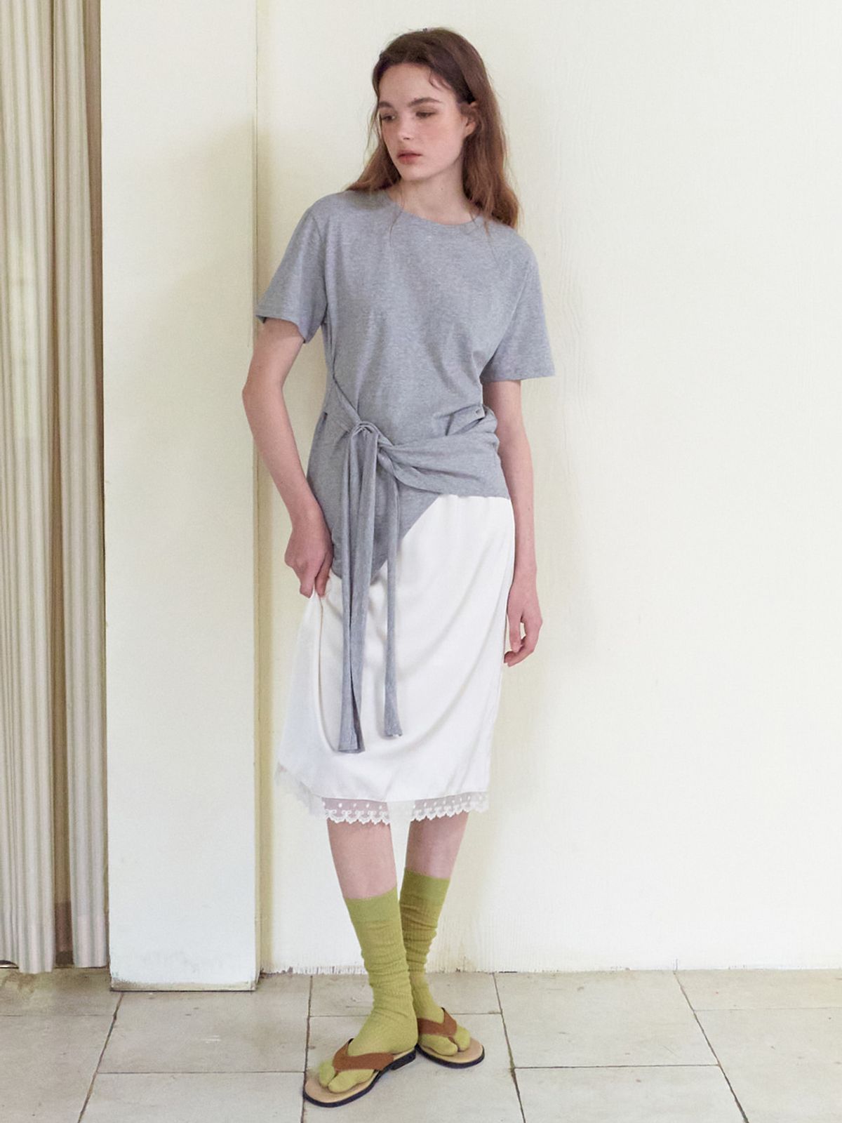 에트몽(ETMON) Tie Loose T-Shirt, Melange Grey