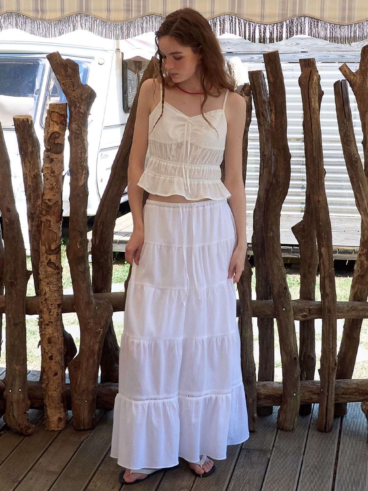 에트몽(ETMON) Crinkle Tiered Long Skirt, White