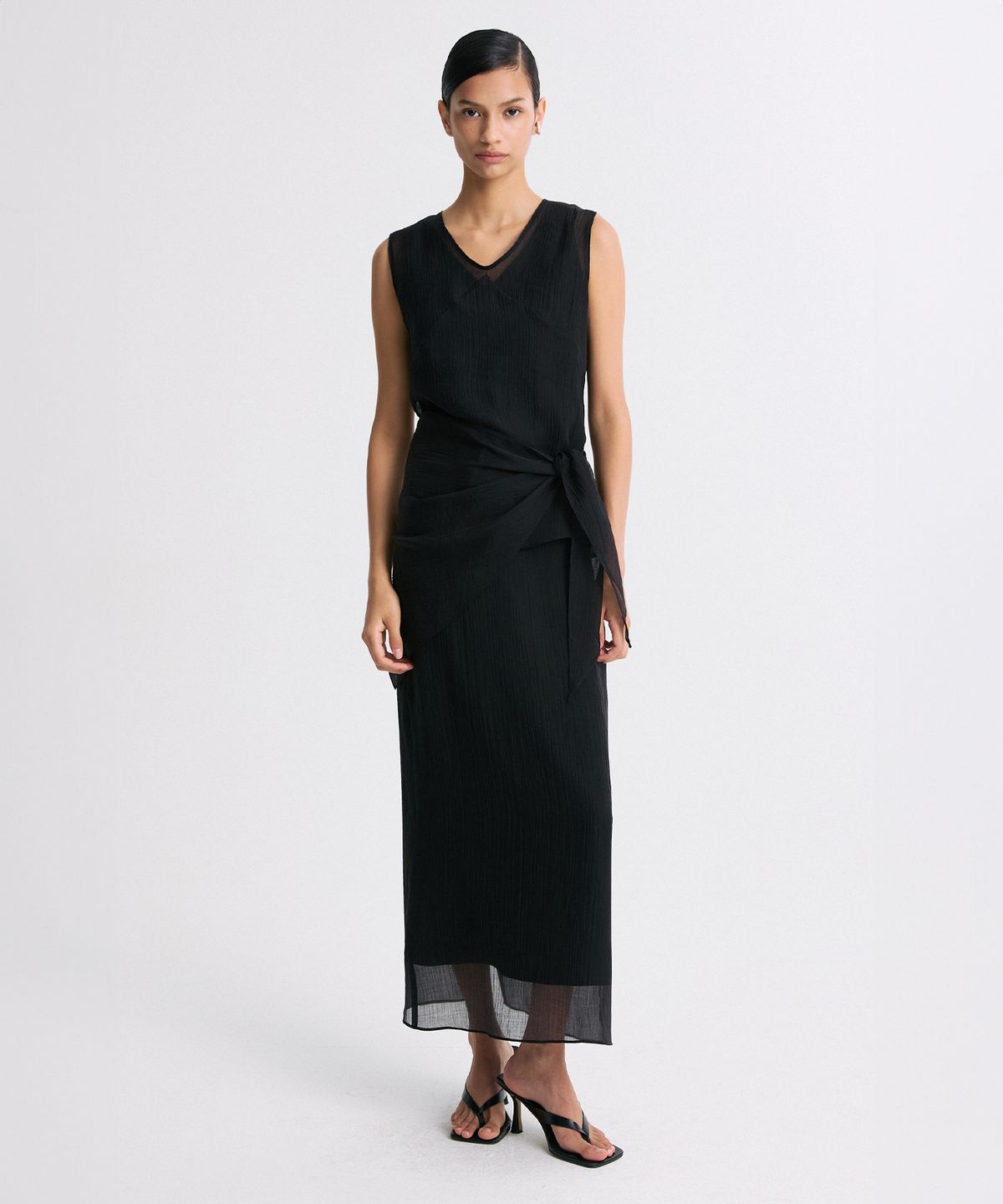 리이(RE RHEE) SHEER LAYERED SLIT-BACK MIDI SKIRT BLACK