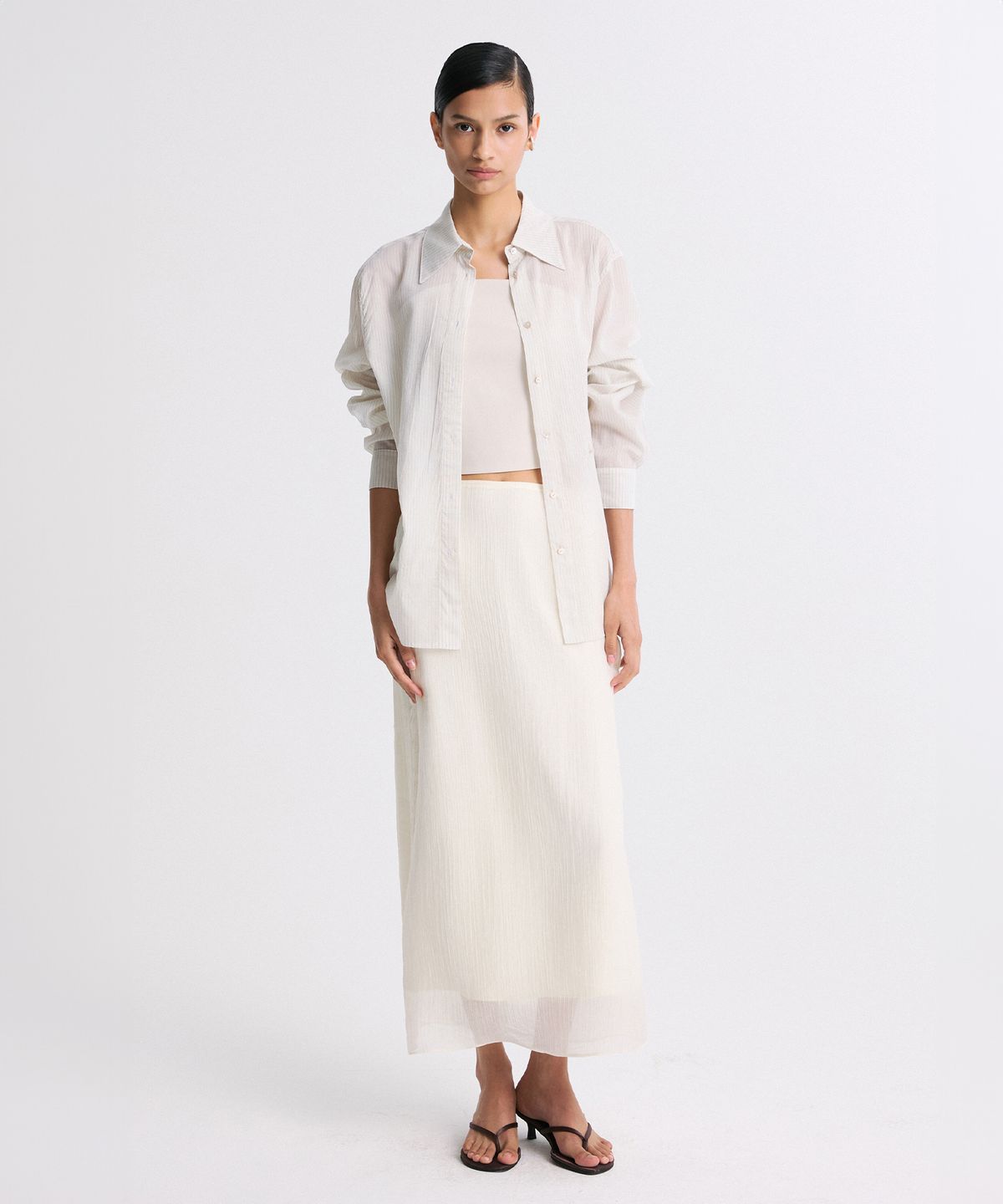 리이(RE RHEE) SHEER LAYERED SLIT-BACK MIDI SKIRT PEARL