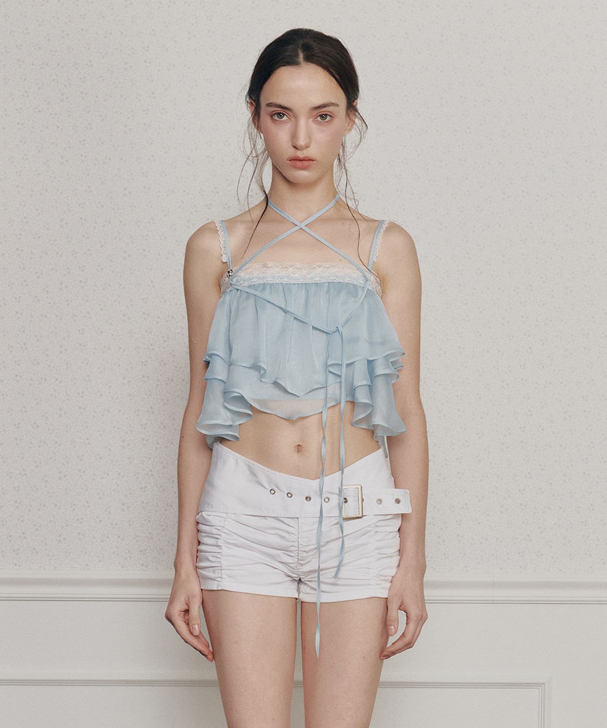 페인오어플레져(PAINORPLEASURE) MERMAID FRILL TOP light blue