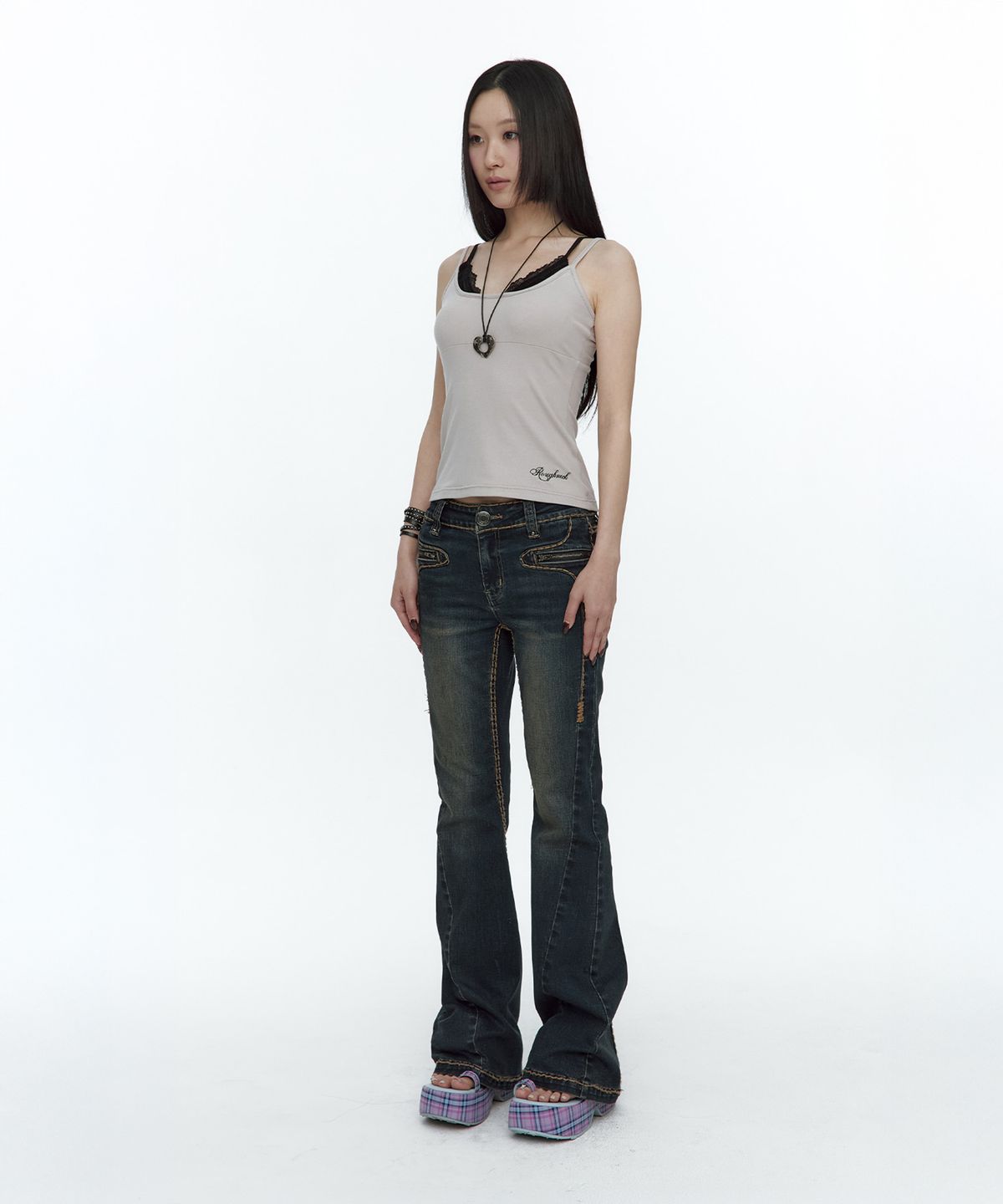 러프넥(ROUGHNECK) Lace Layered Sleeveless Ash Lavender