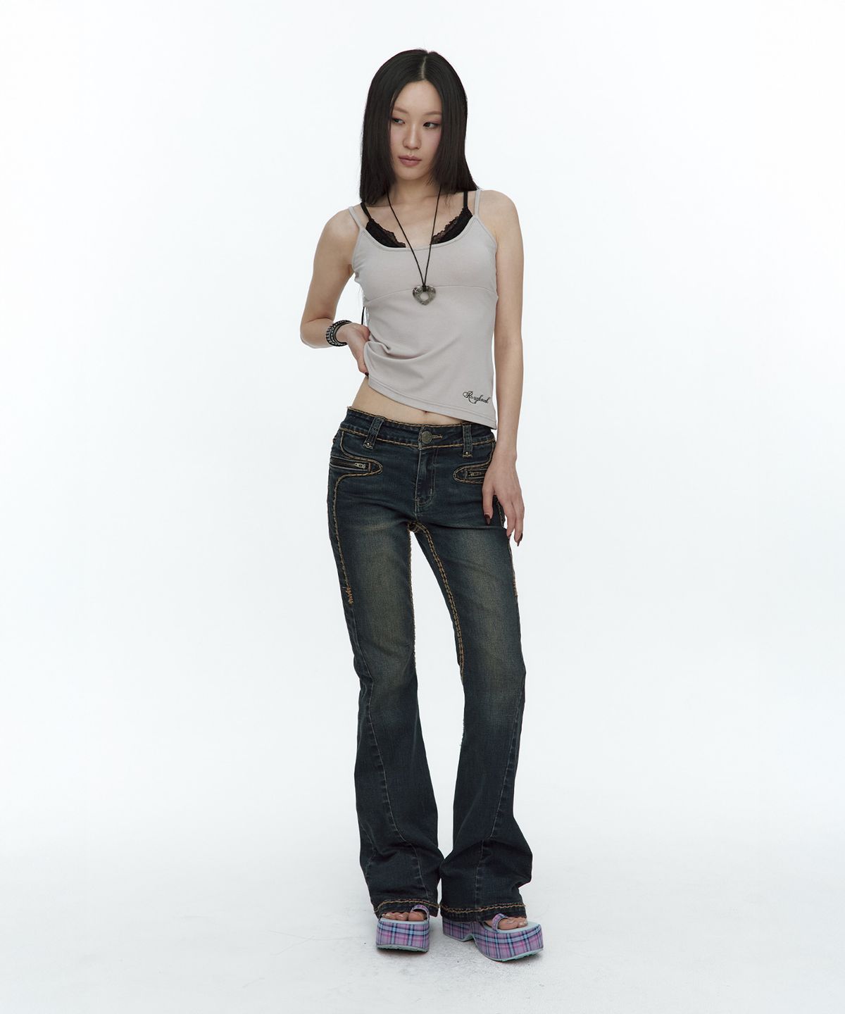 러프넥(ROUGHNECK) Lace Layered Sleeveless Ash Lavender