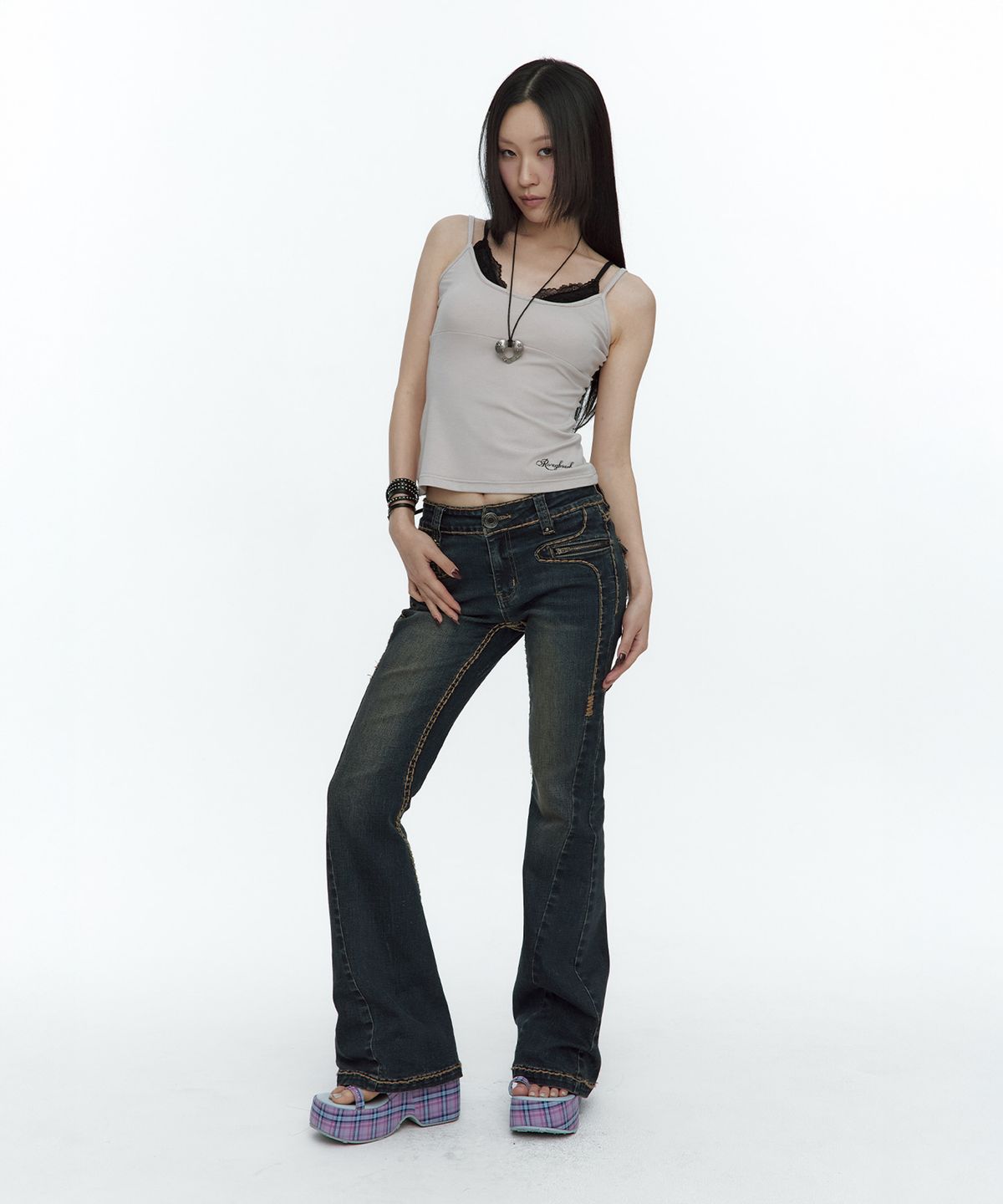 러프넥(ROUGHNECK) Lace Layered Sleeveless Ash Lavender