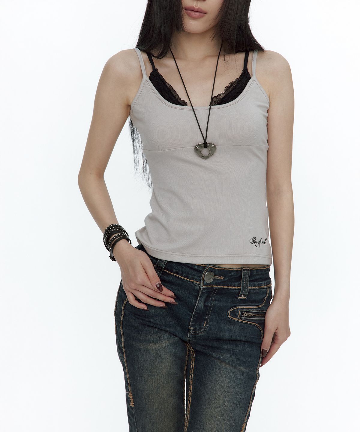 러프넥(ROUGHNECK) Lace Layered Sleeveless Ash Lavender