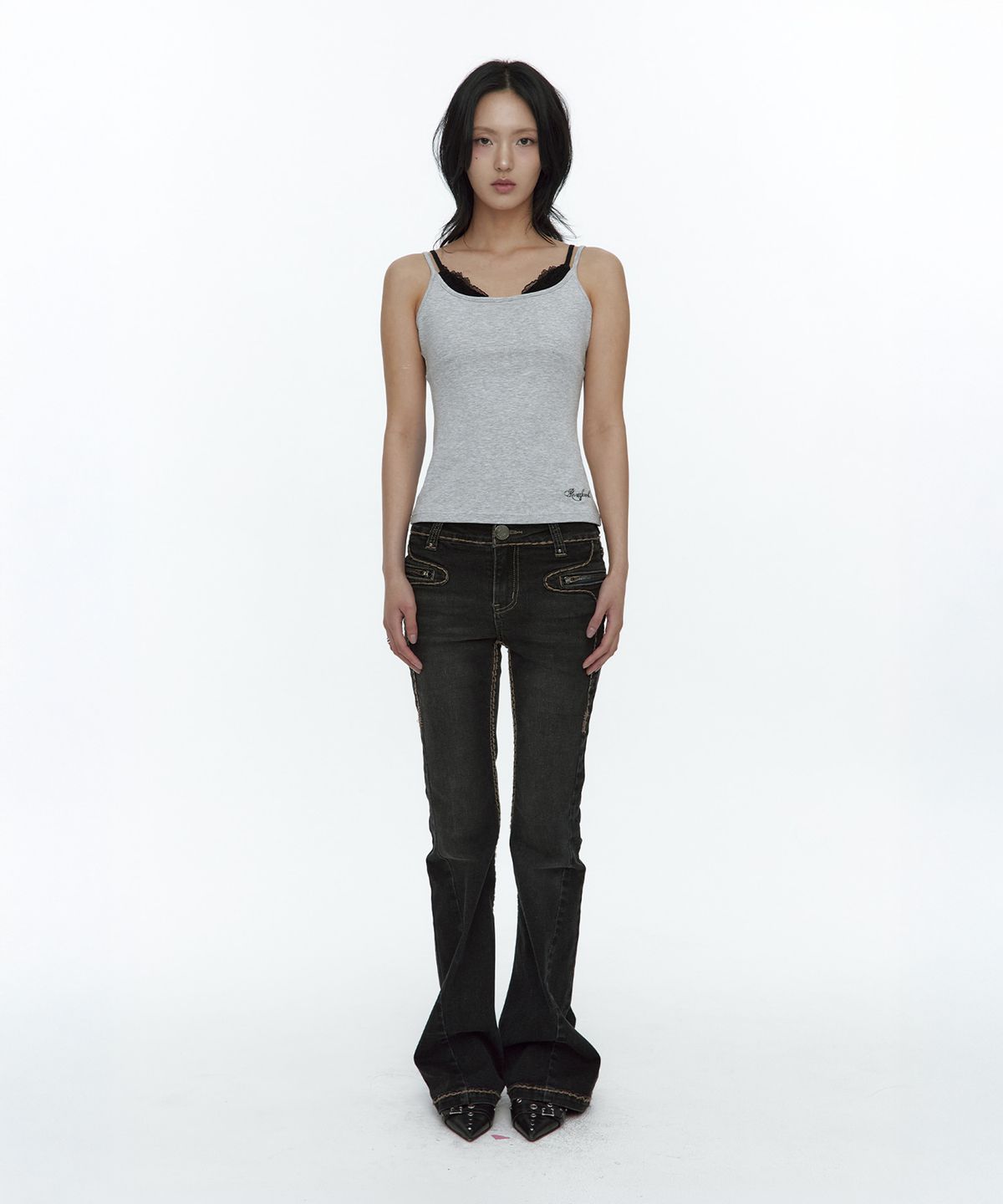 러프넥(ROUGHNECK) Lace Layered Sleeveless Gray
