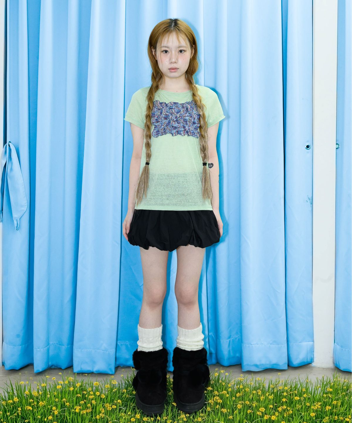 유얼쎄시(YOUR SASSY) Fairy Check Patch Tee (LIME GREEN)