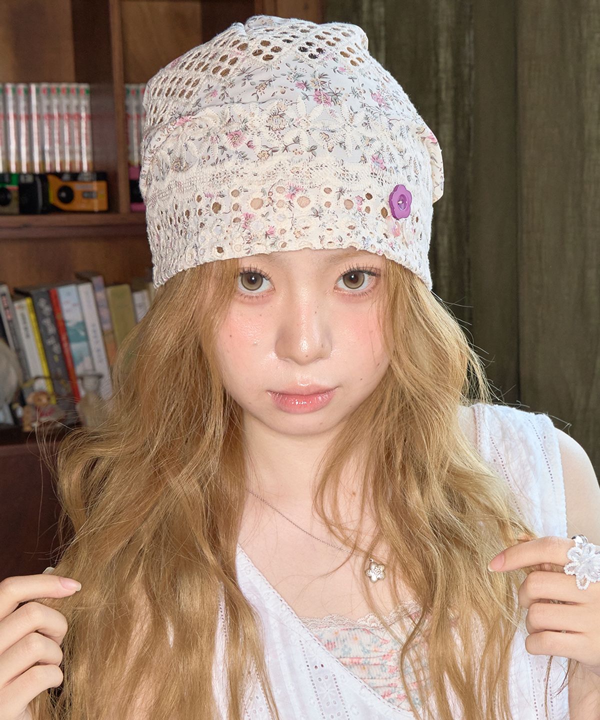 키이비(KIIBI) floral button beanie ivory