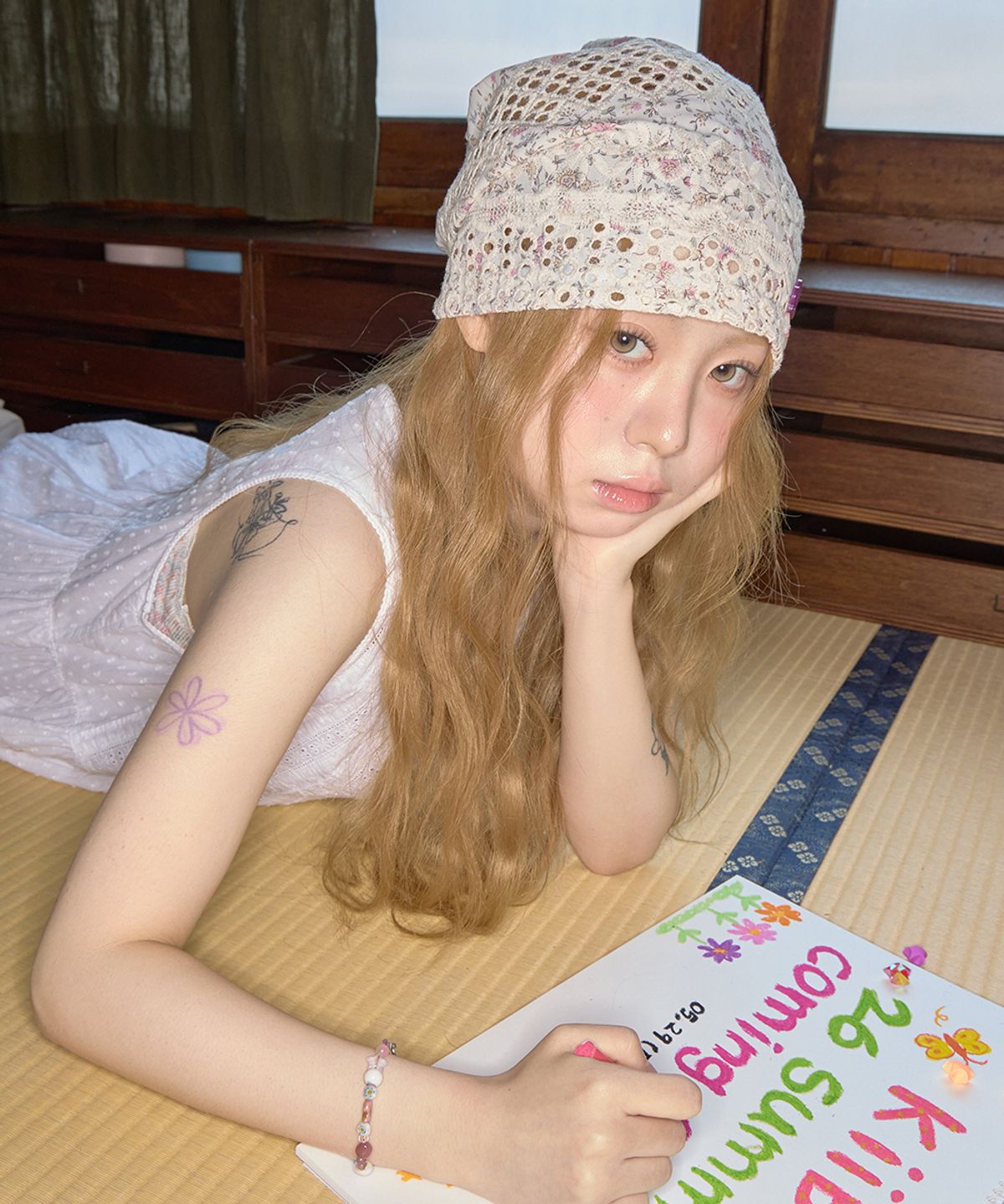 키이비(KIIBI) floral button beanie ivory