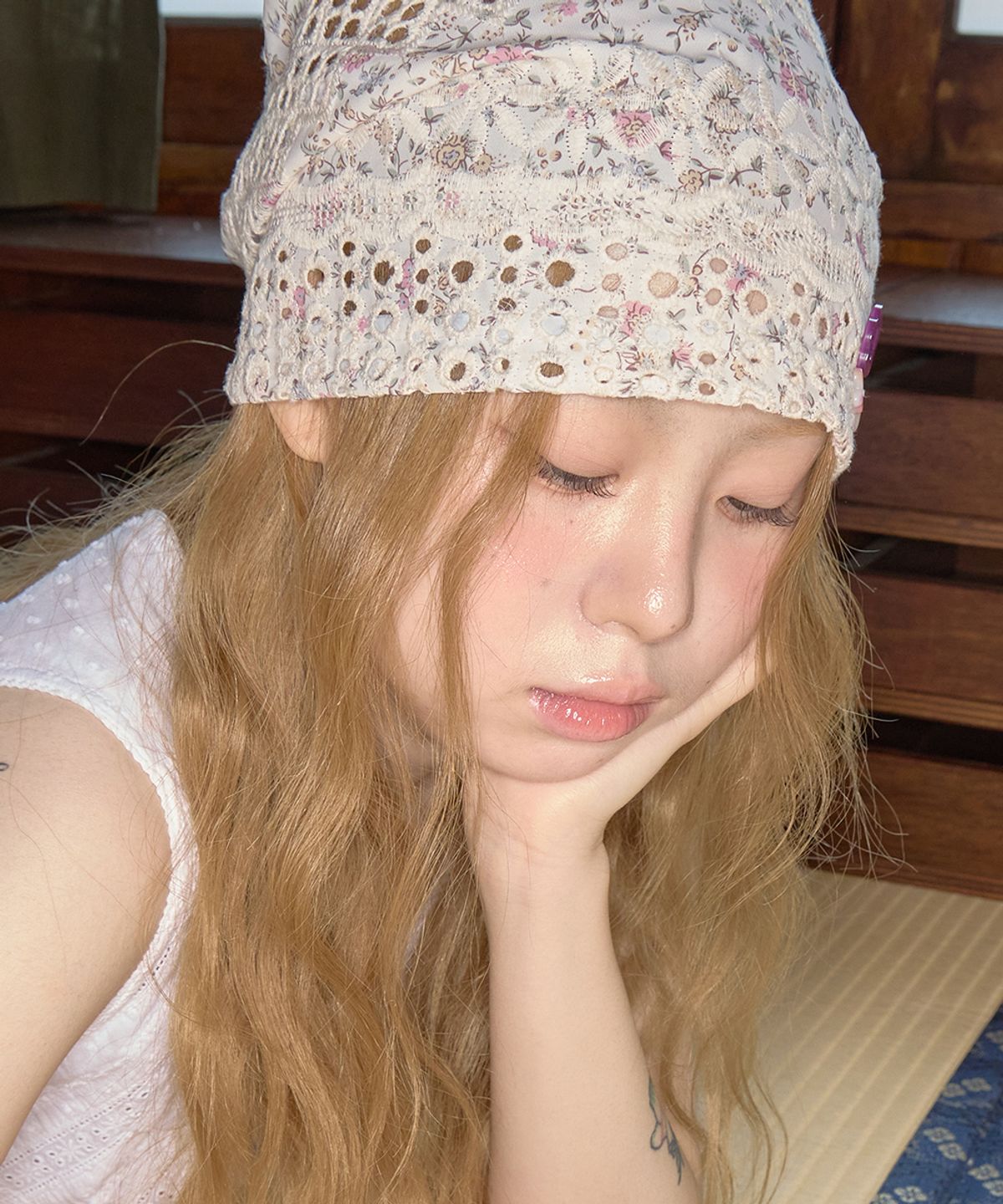 키이비(KIIBI) floral button beanie ivory