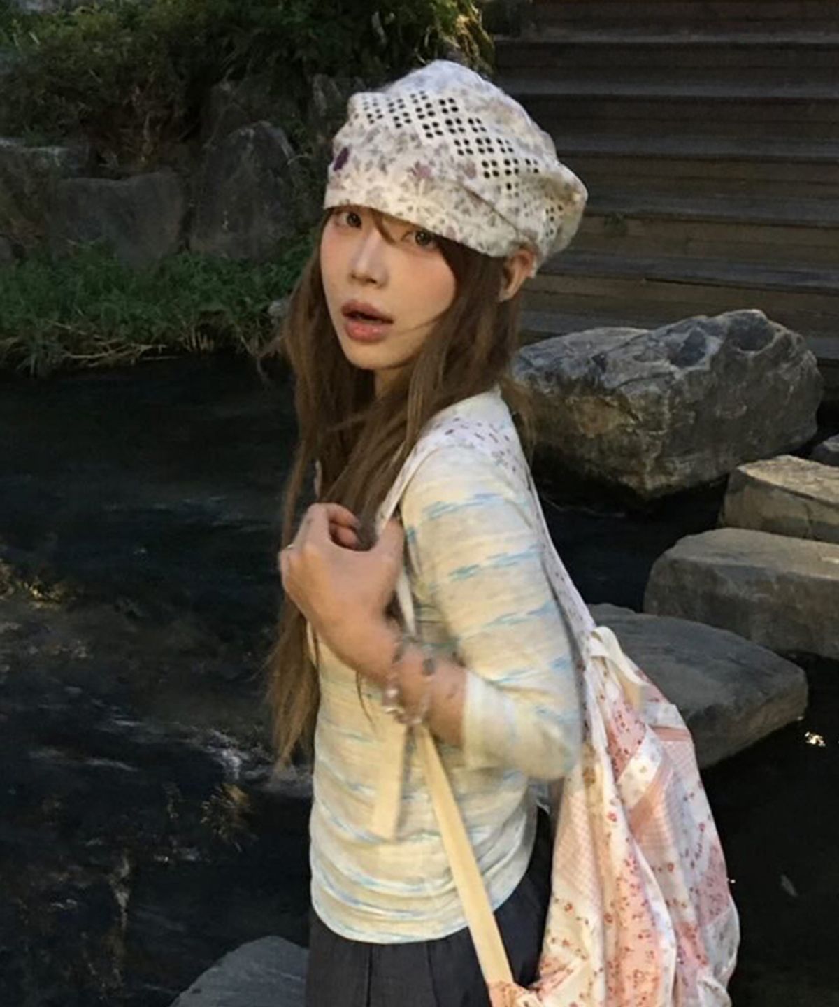 키이비(KIIBI) floral button beanie ivory
